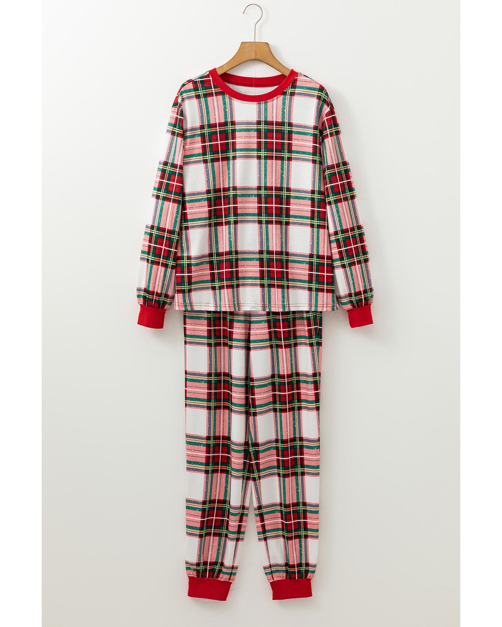 Red Christmas Plaid Allover Top and Pants Lounge Set - L