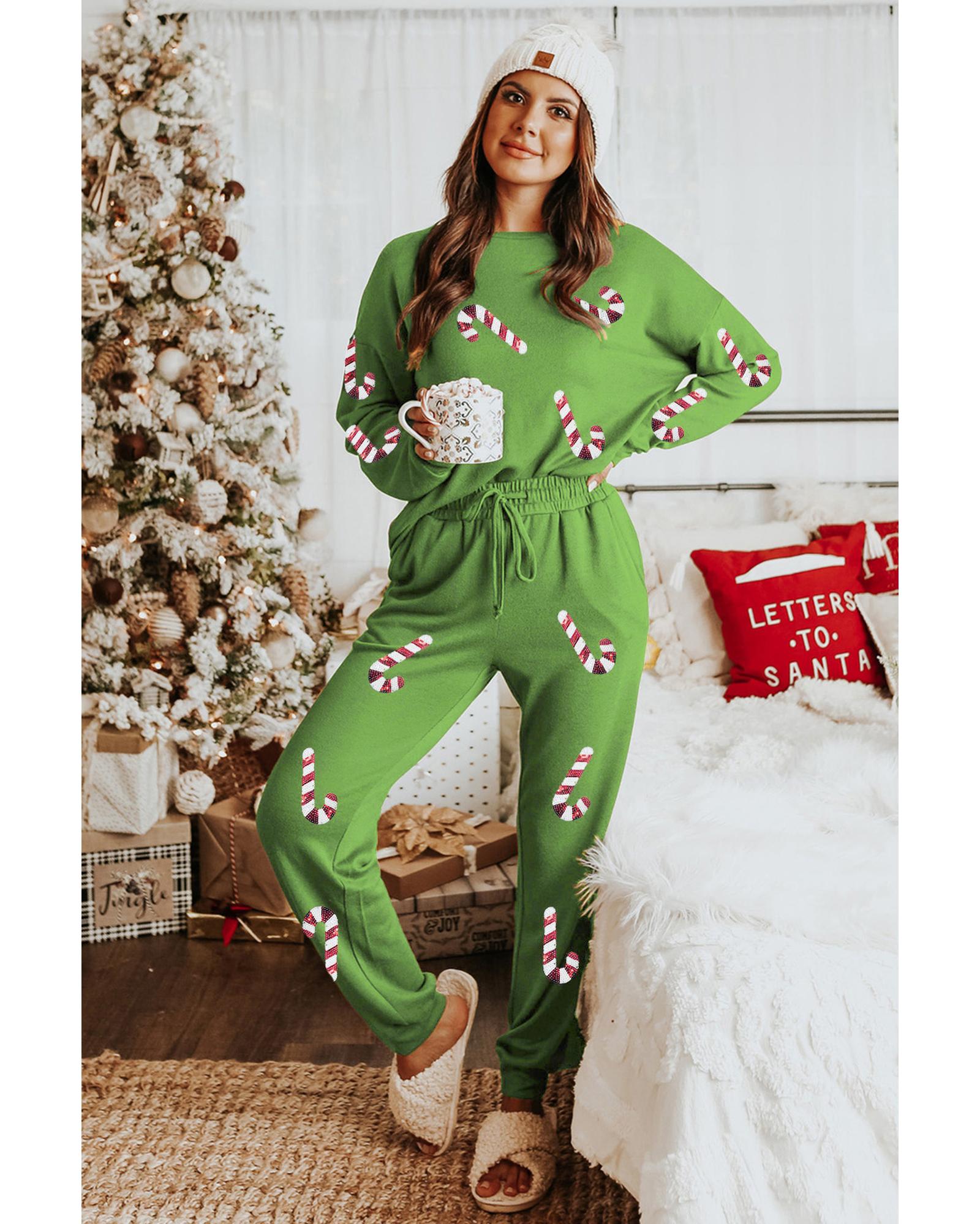 Spinach Green Sequined Christmas Cane Pattern Lounge Sweatsuit - S