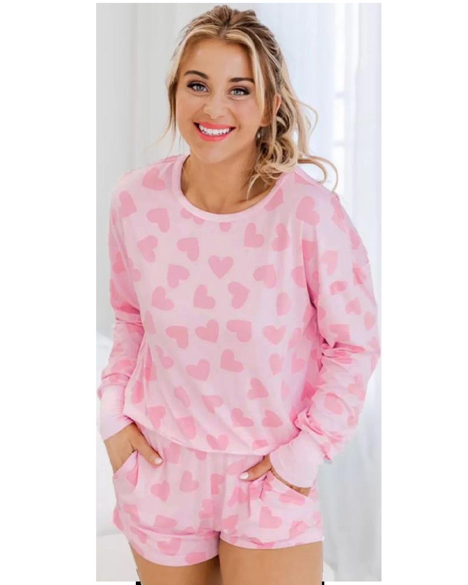 Pink Valentine Heart Shape Print Long Sleeve Top Shorts Lounge Set - L
