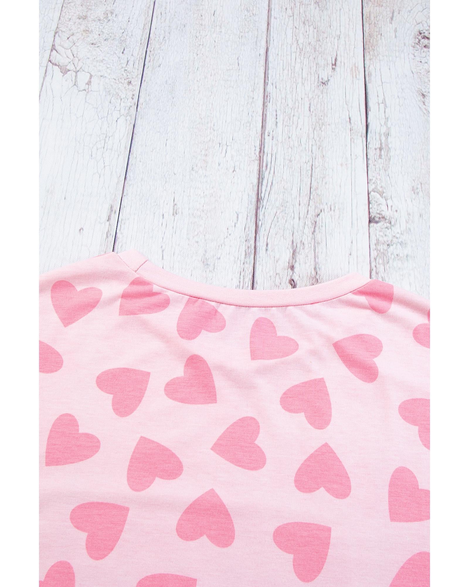 Pink Valentine Heart Shape Print Long Sleeve Top Shorts Lounge Set - M