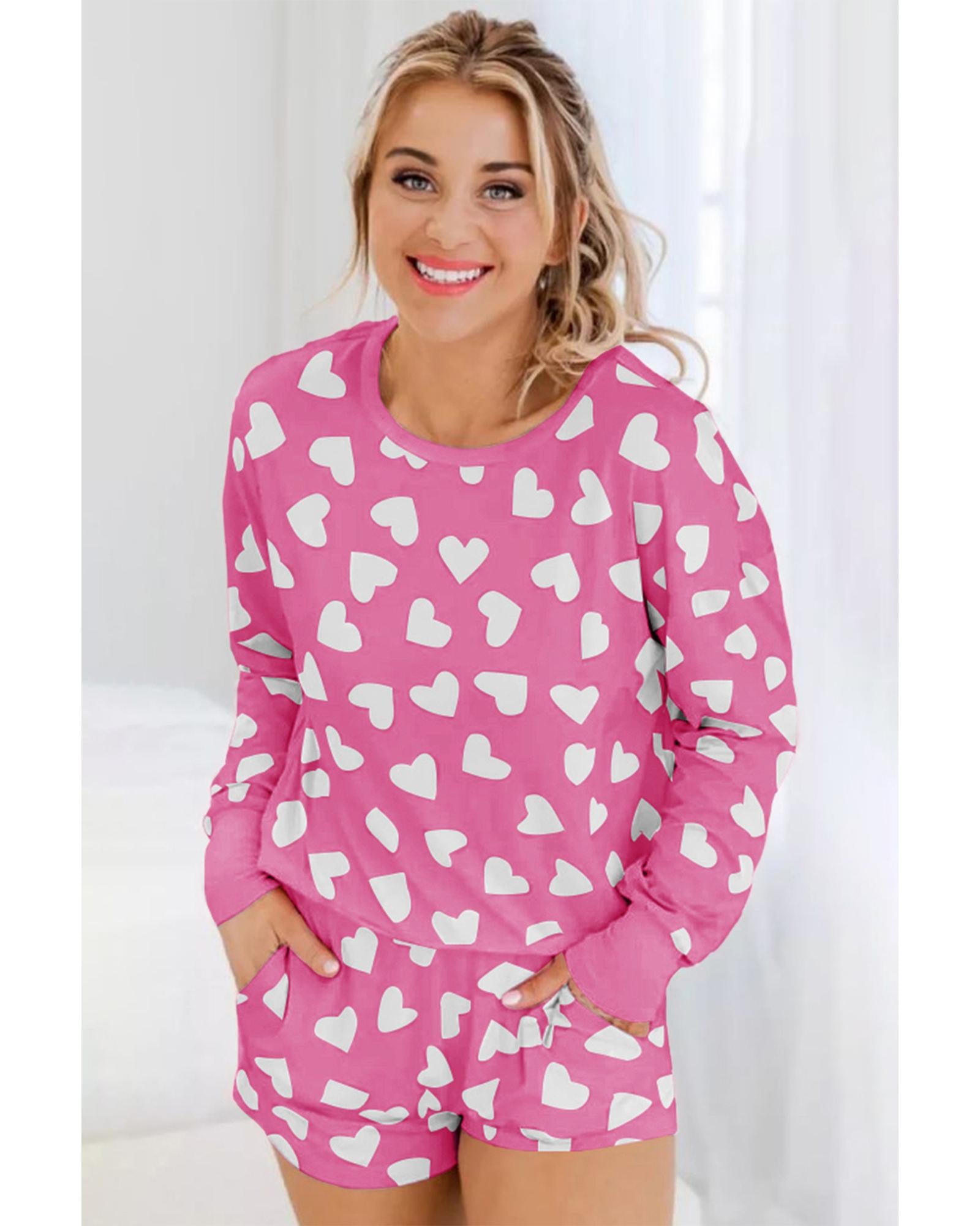 Pink Valentine Heart Shape Print Long Sleeve Top Shorts Lounge Set - S