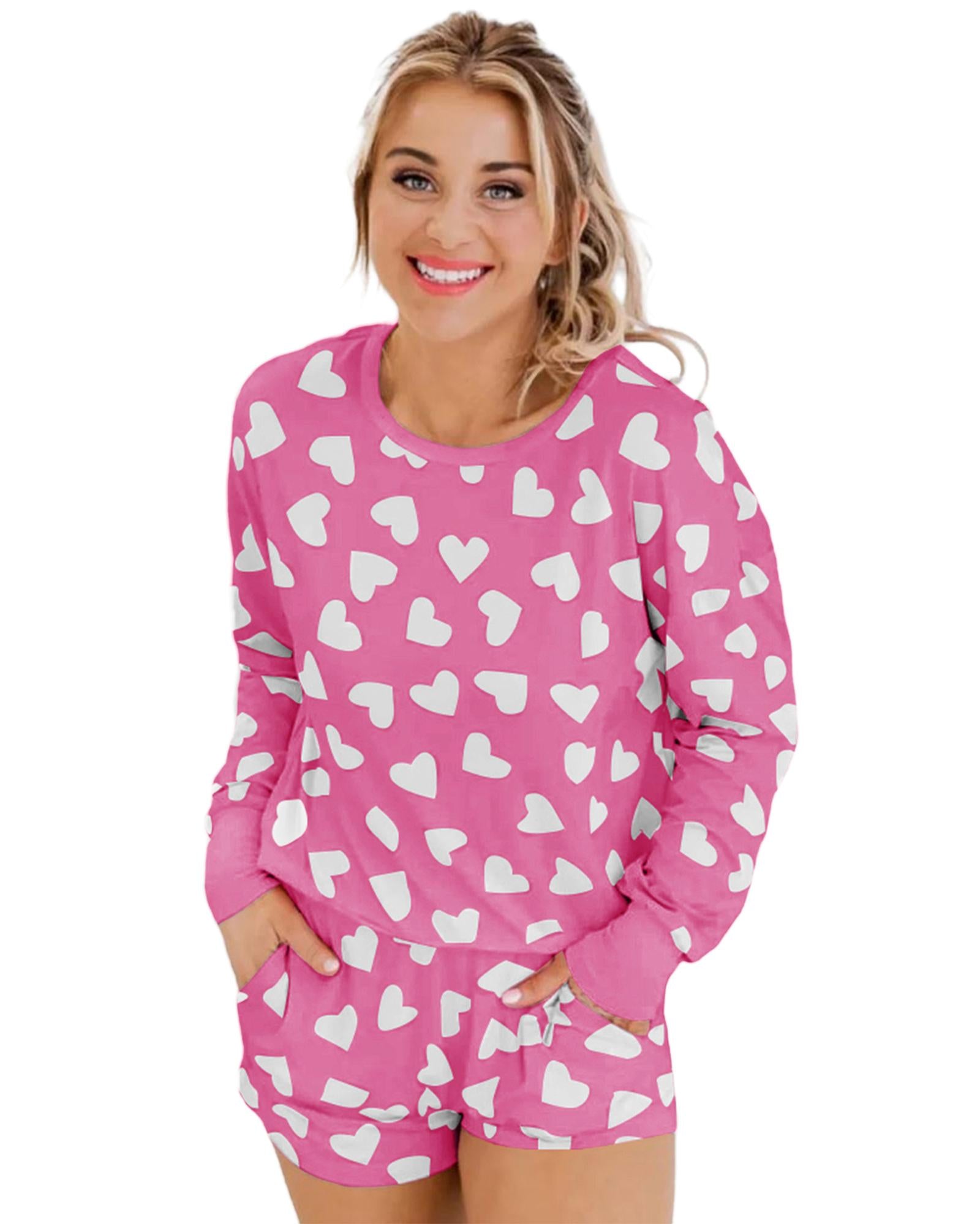 Pink Valentine Heart Shape Print Long Sleeve Top Shorts Lounge Set - S