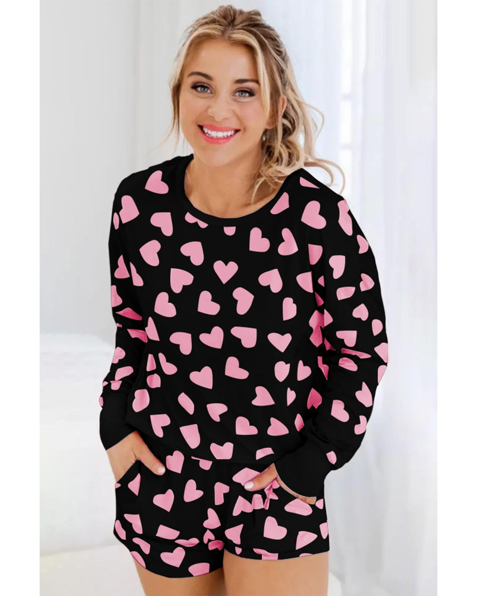 Black Valentine Heart Shape Print Long Sleeve Top Shorts Lounge Set - L