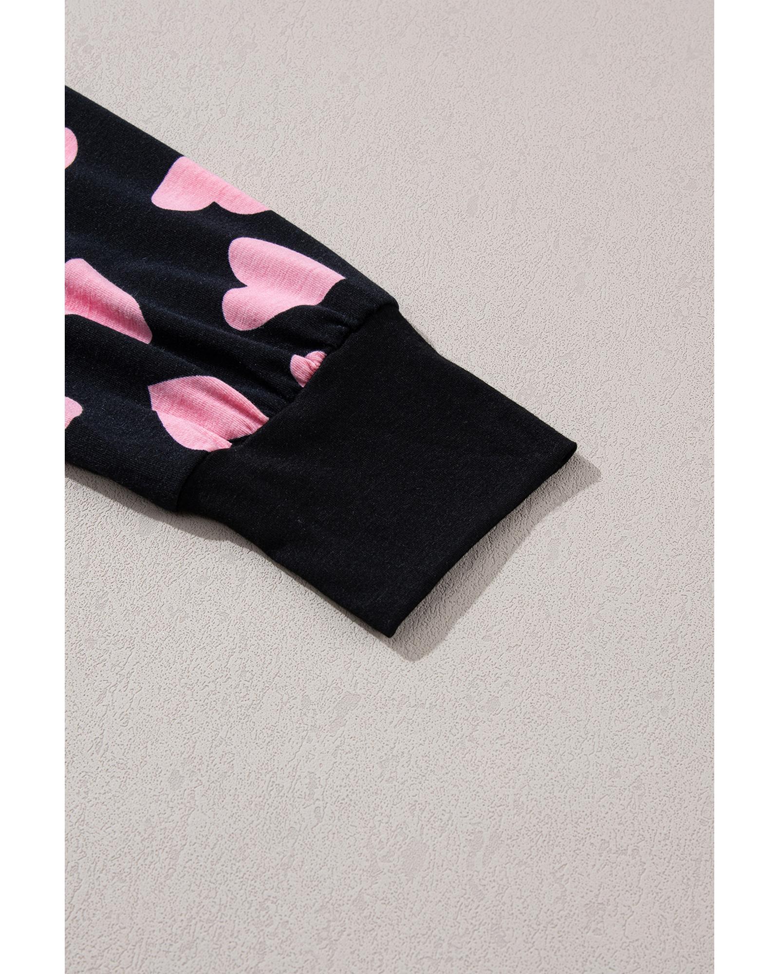 Black Valentine Heart Shape Print Long Sleeve Top Shorts Lounge Set - M