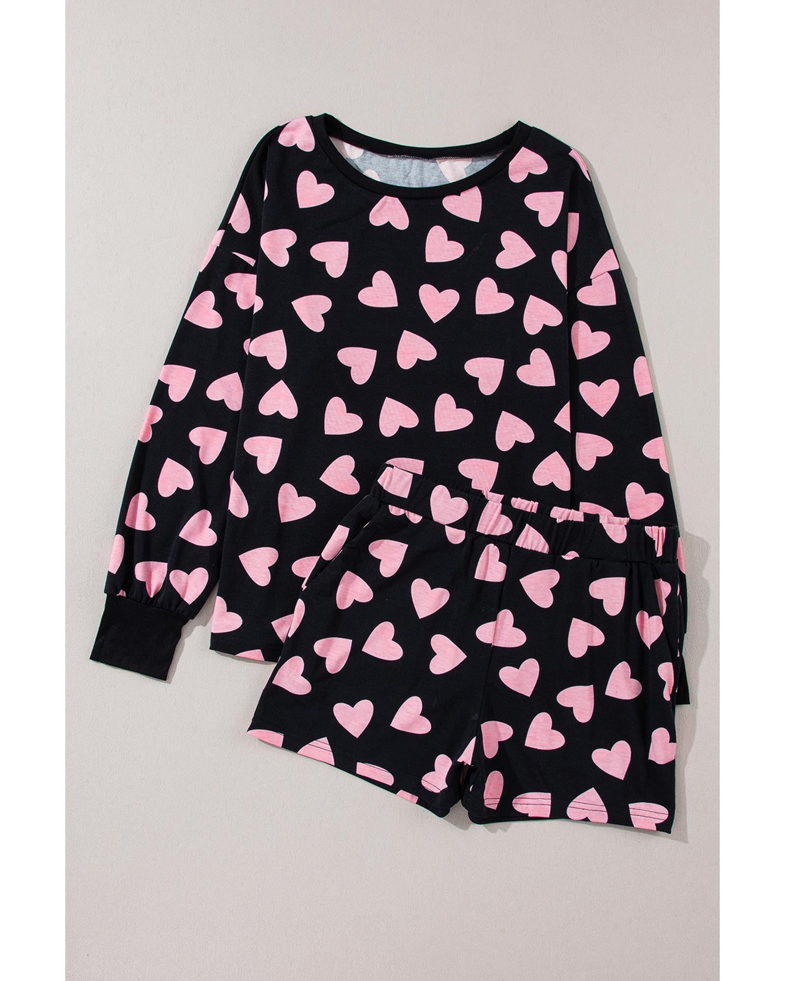 Black Valentine Heart Shape Print Long Sleeve Top Shorts Lounge Set - XL