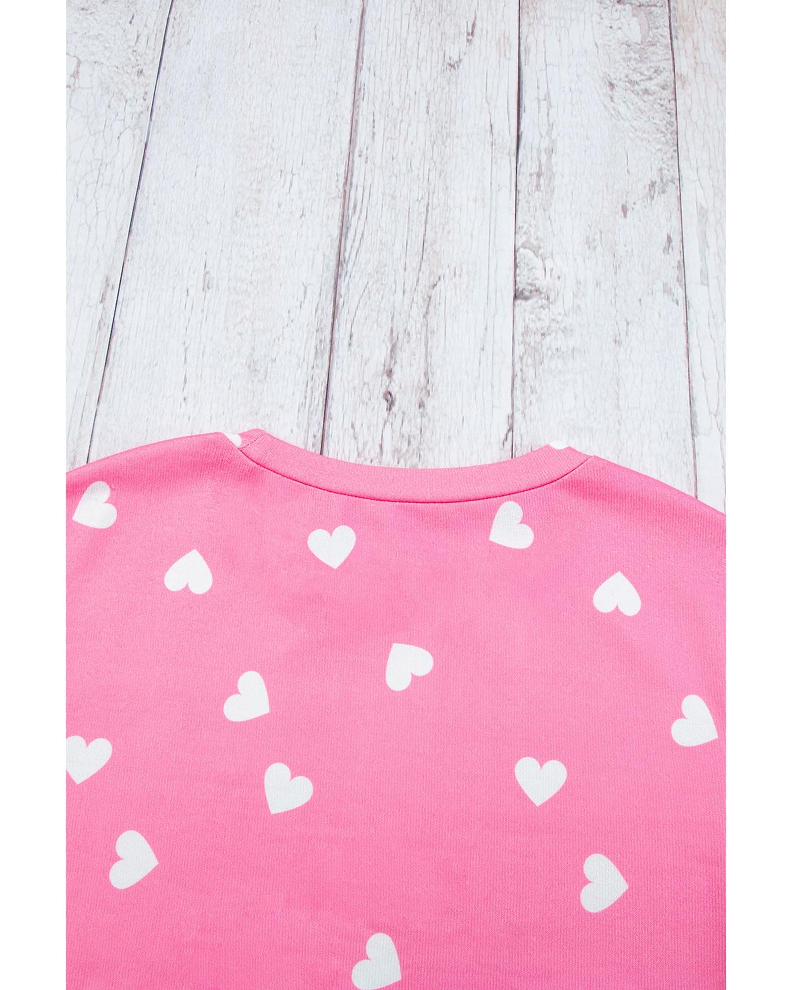 Pink Valentine Heart Print Long Sleeve Tee and Shorts Lounge Set - L