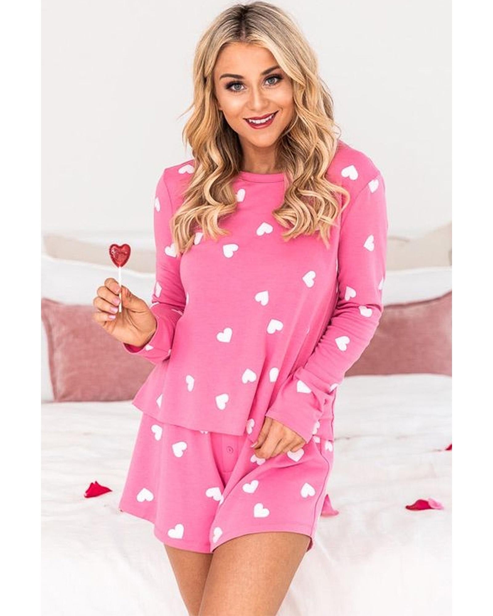 Pink Valentine Heart Print Long Sleeve Tee and Shorts Lounge Set - L