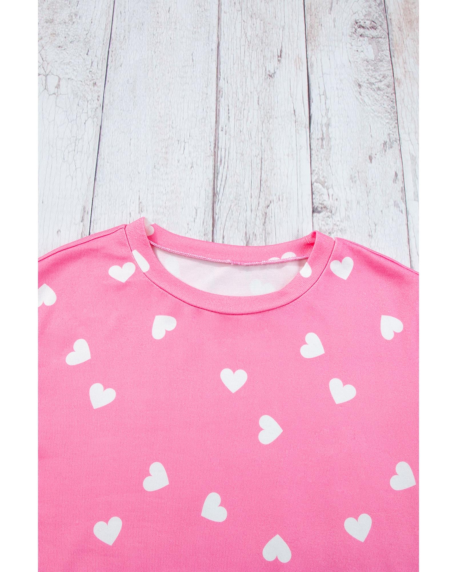 Pink Valentine Heart Print Long Sleeve Tee and Shorts Lounge Set - L