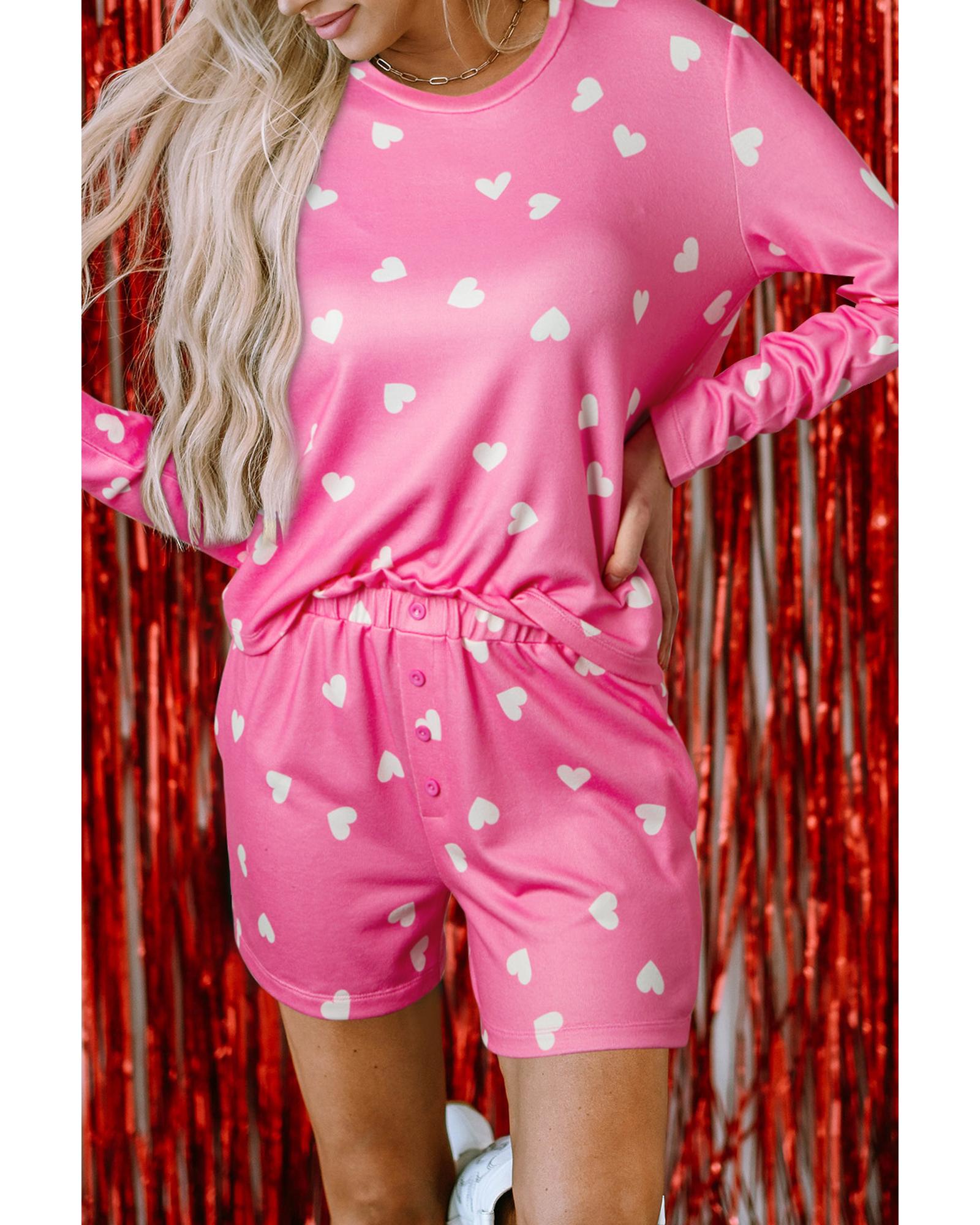 Pink Valentine Heart Print Long Sleeve Tee and Shorts Lounge Set - L