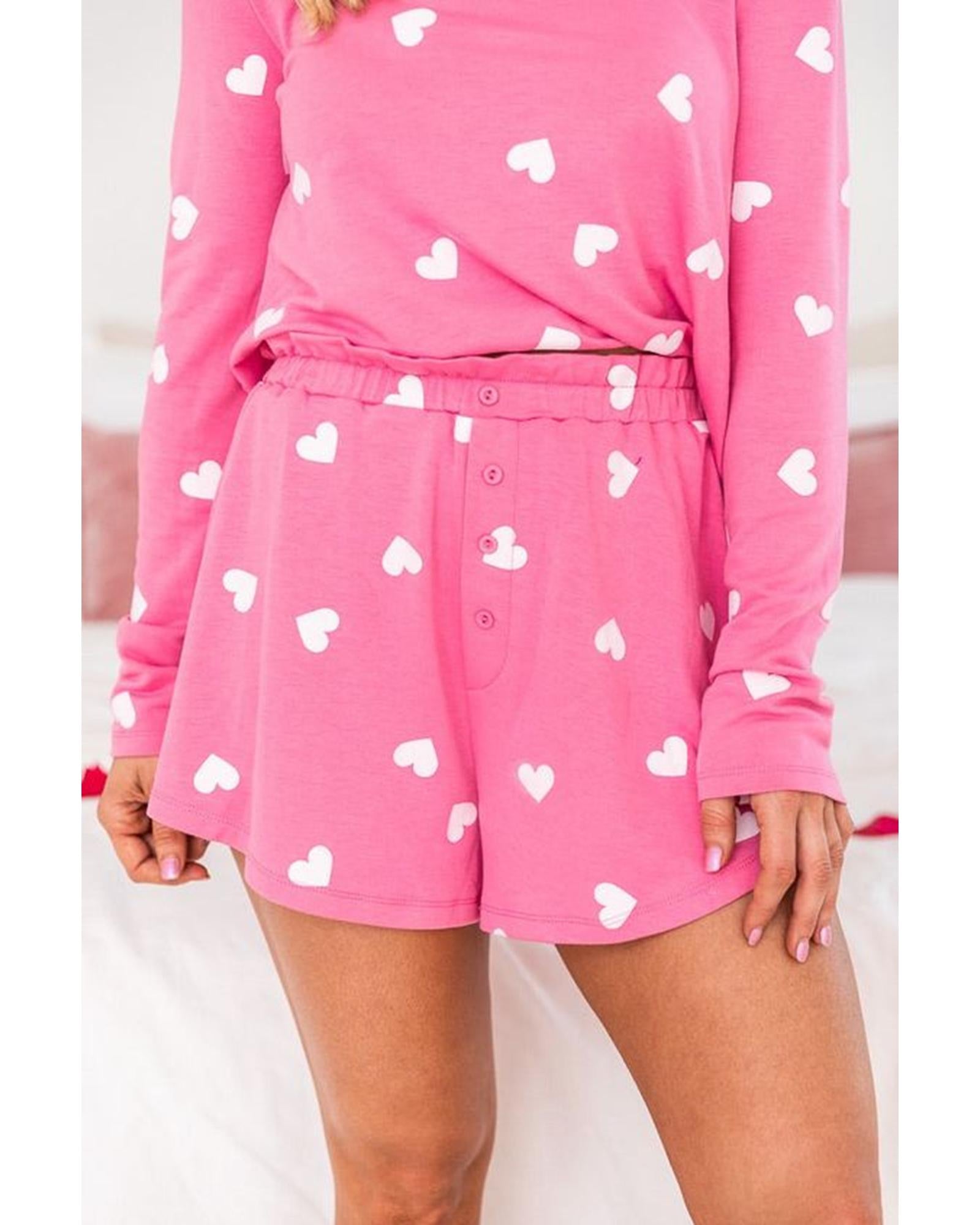 Pink Valentine Heart Print Long Sleeve Tee and Shorts Lounge Set - XL