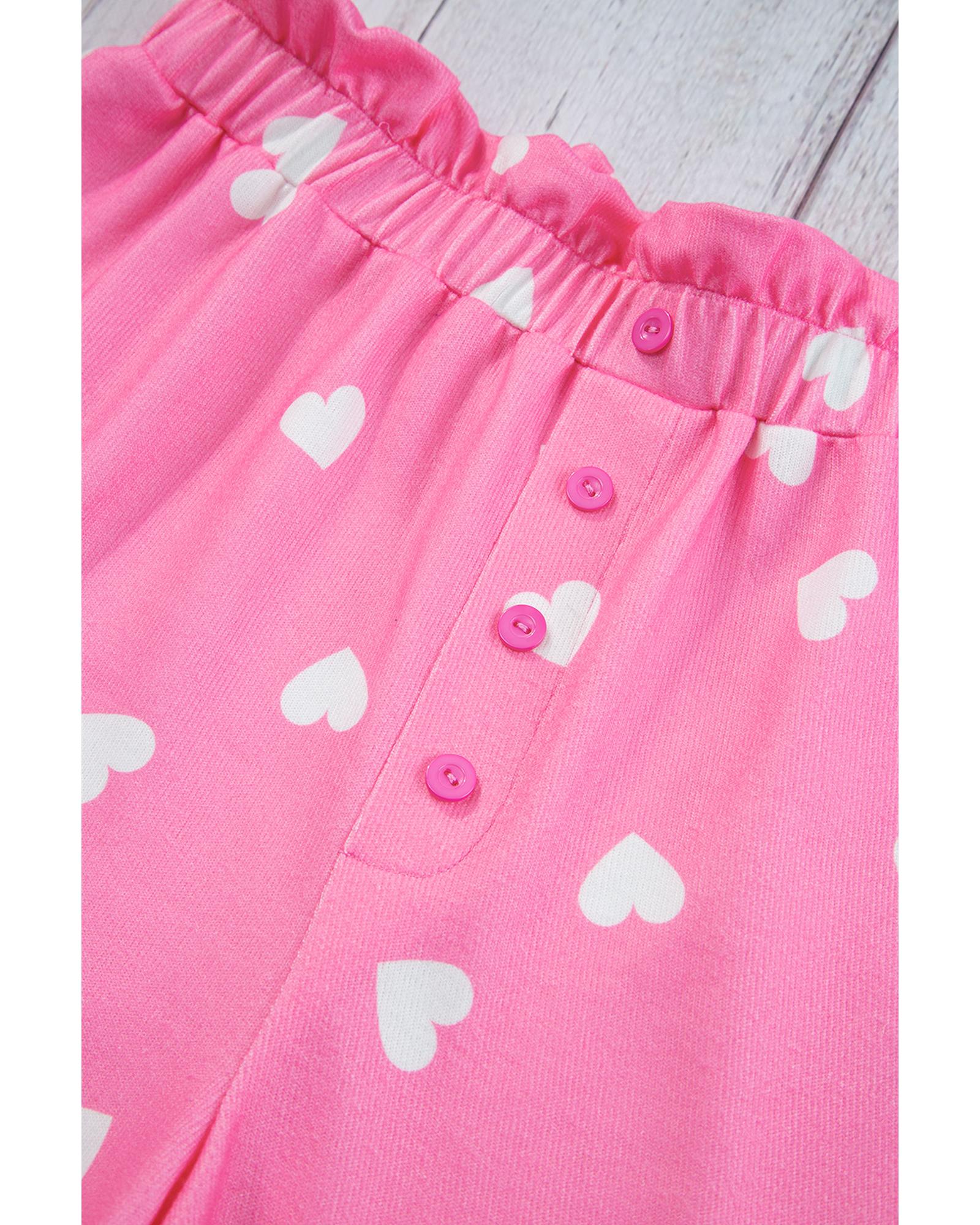 Pink Valentine Heart Print Long Sleeve Tee and Shorts Lounge Set - XL
