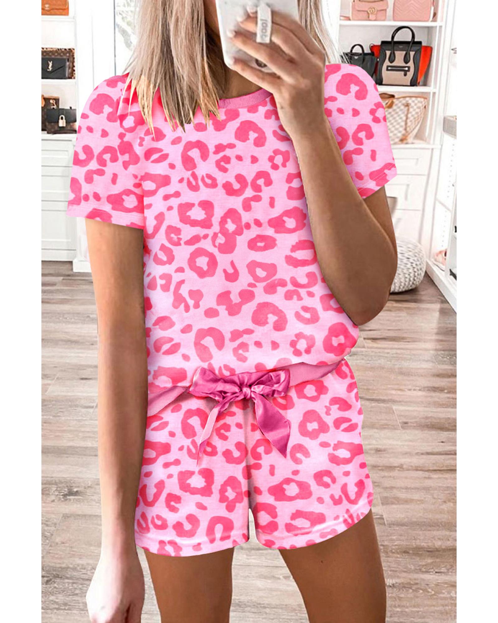 Pink Leopard Print Tee and Satin Tie Shorts Lounge Set - M