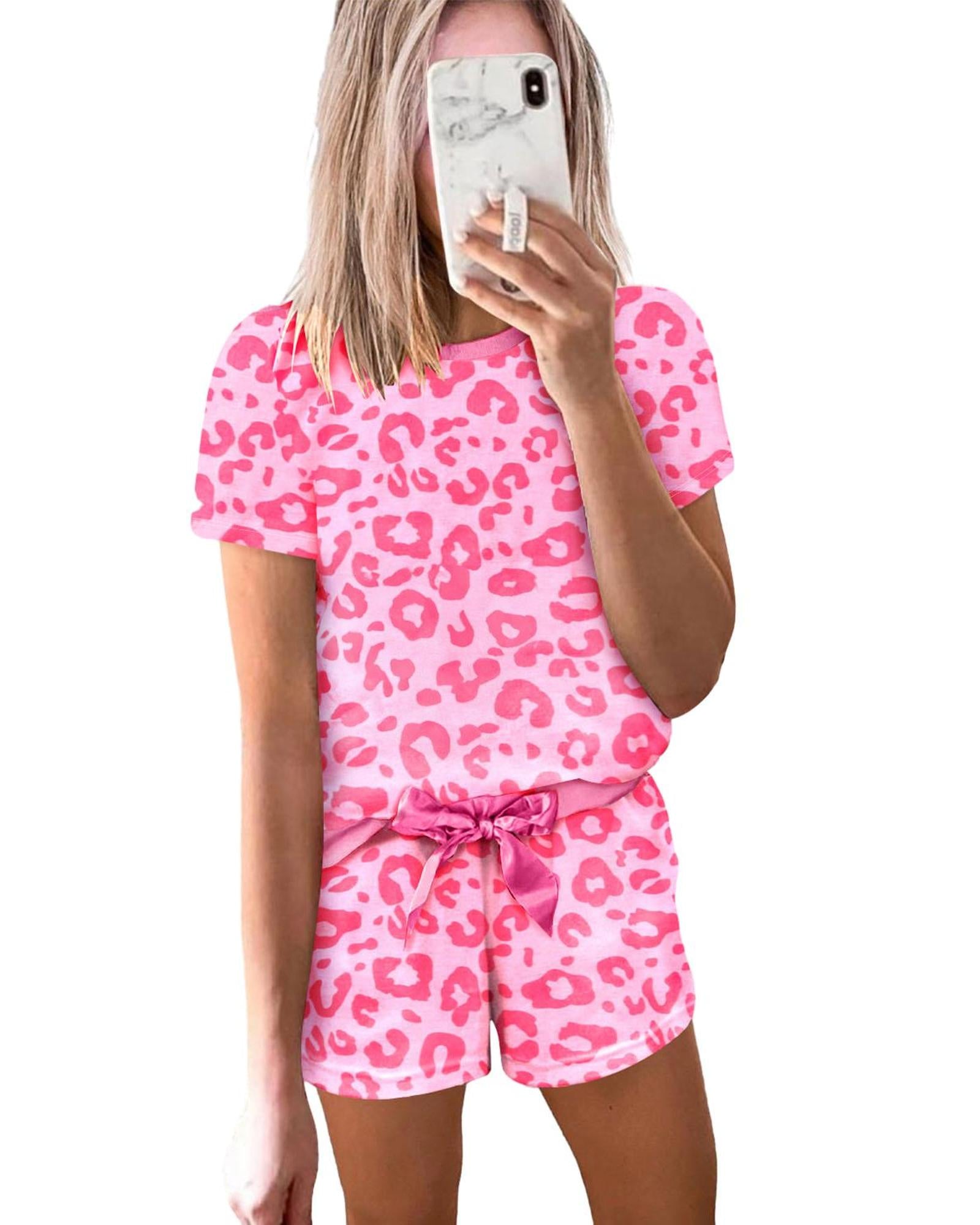 Pink Leopard Print Tee and Satin Tie Shorts Lounge Set - M