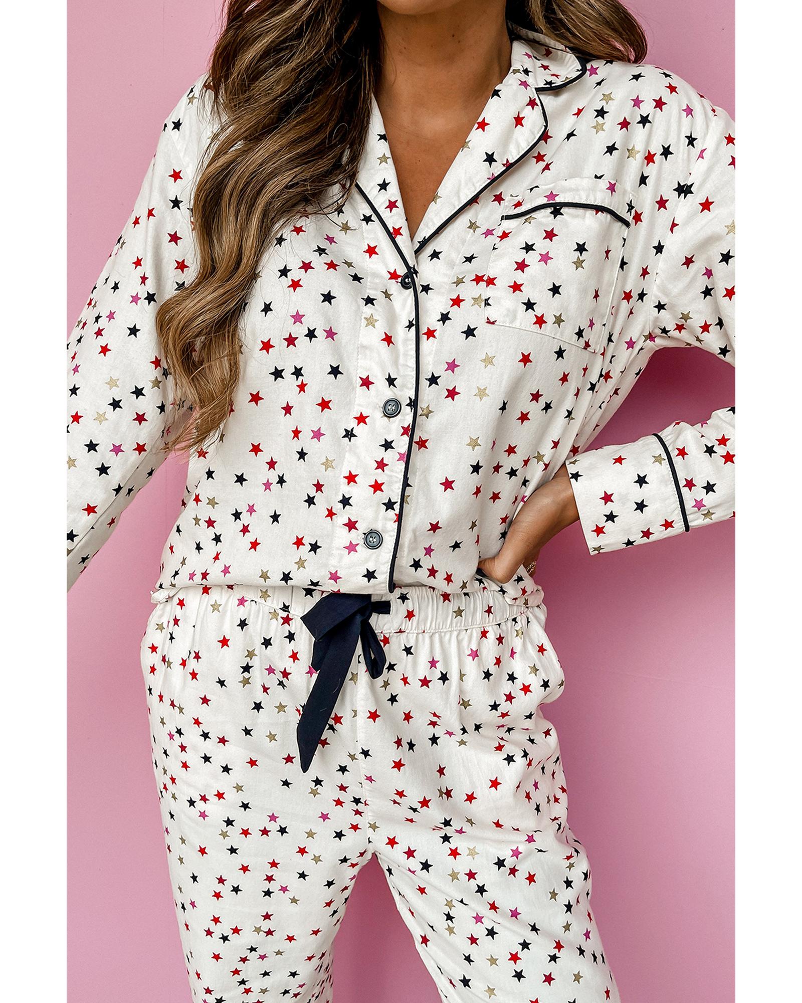 White Contrast Pipping Star Long Sleeve and Pants Pajamas Set - L