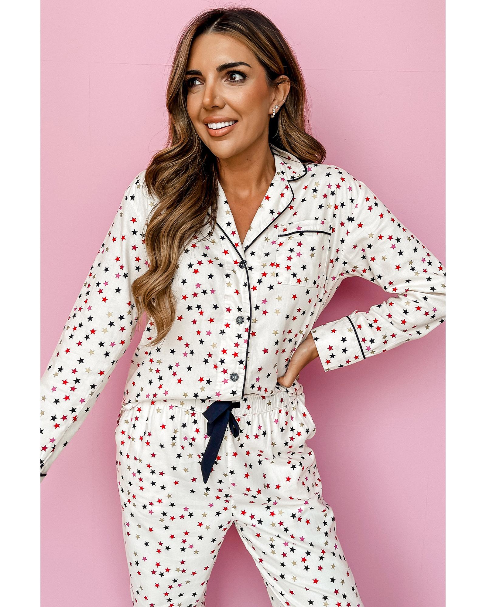White Contrast Pipping Star Long Sleeve and Pants Pajamas Set - L