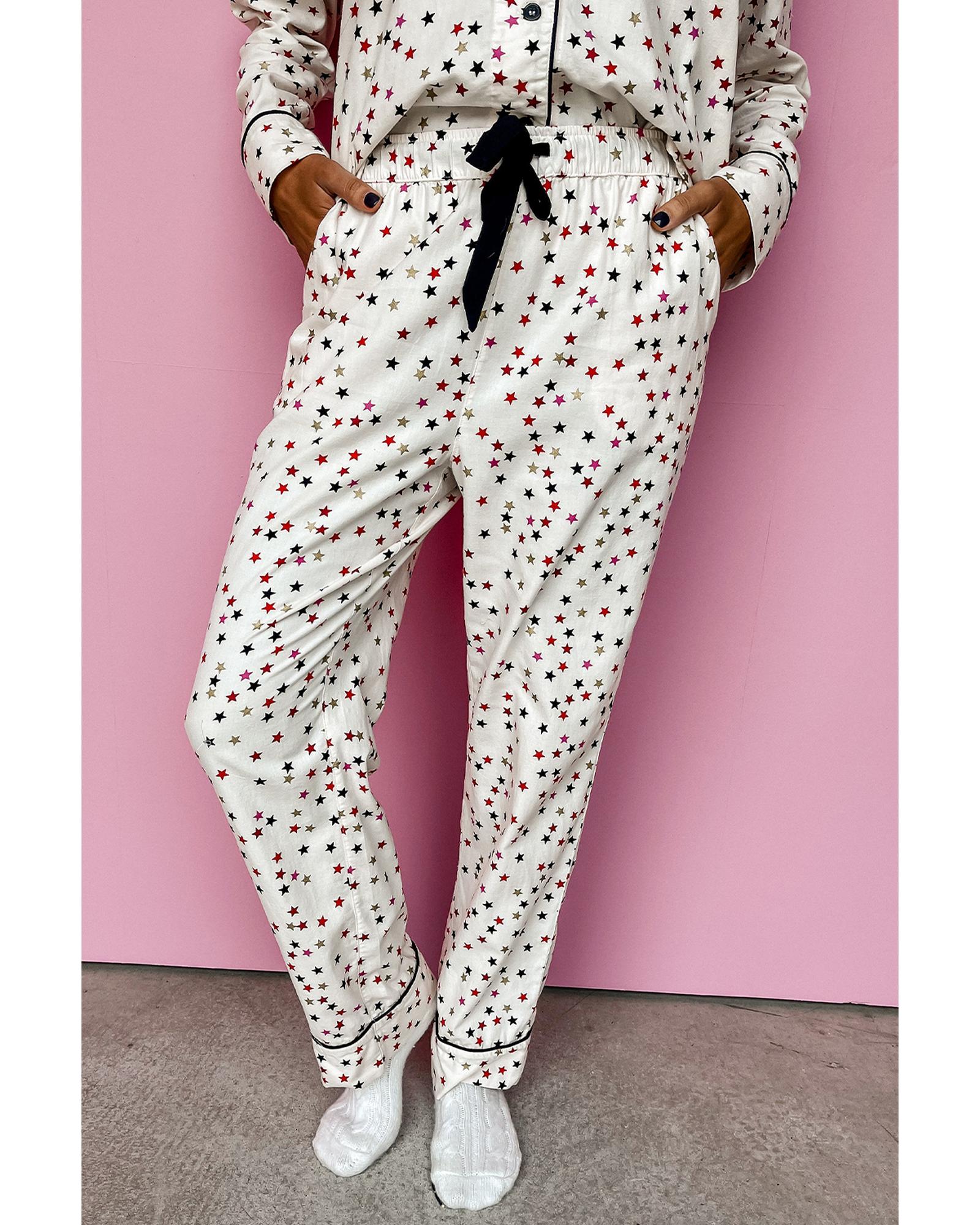 White Contrast Pipping Star Long Sleeve and Pants Pajamas Set - L