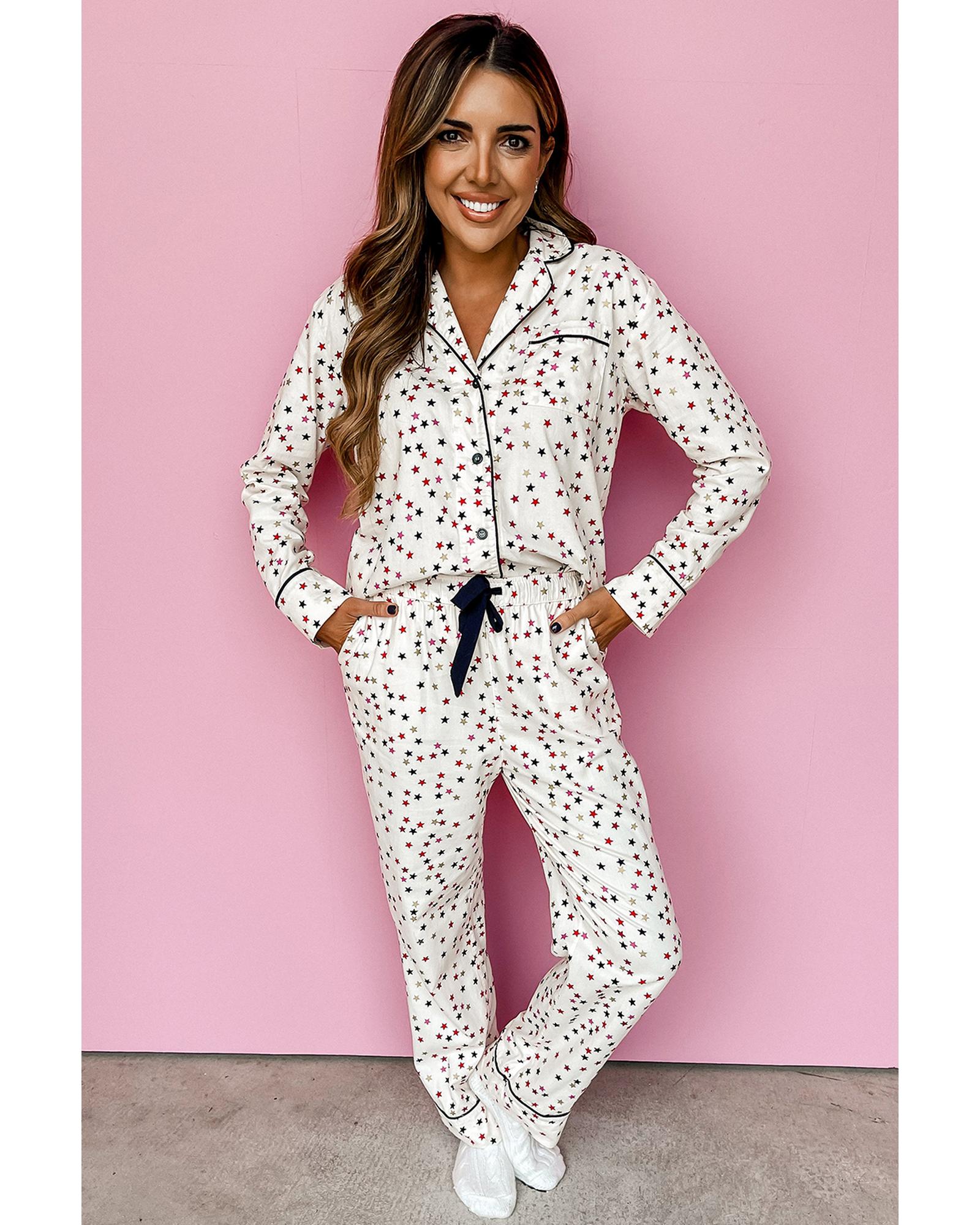 White Contrast Pipping Star Long Sleeve and Pants Pajamas Set - M