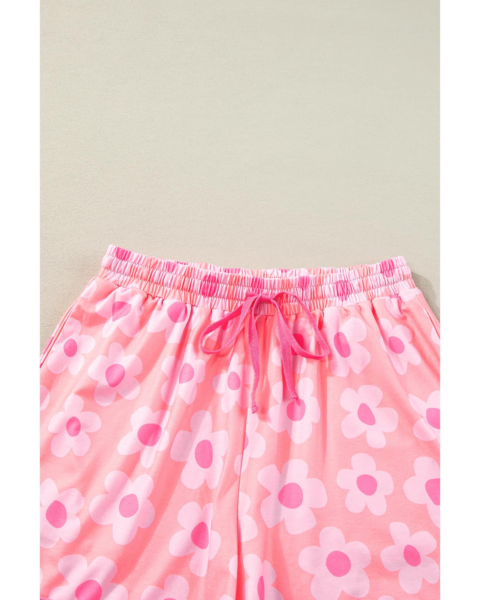 Pink Flower Print Short Sleeve Shirt Pajamas Set - L