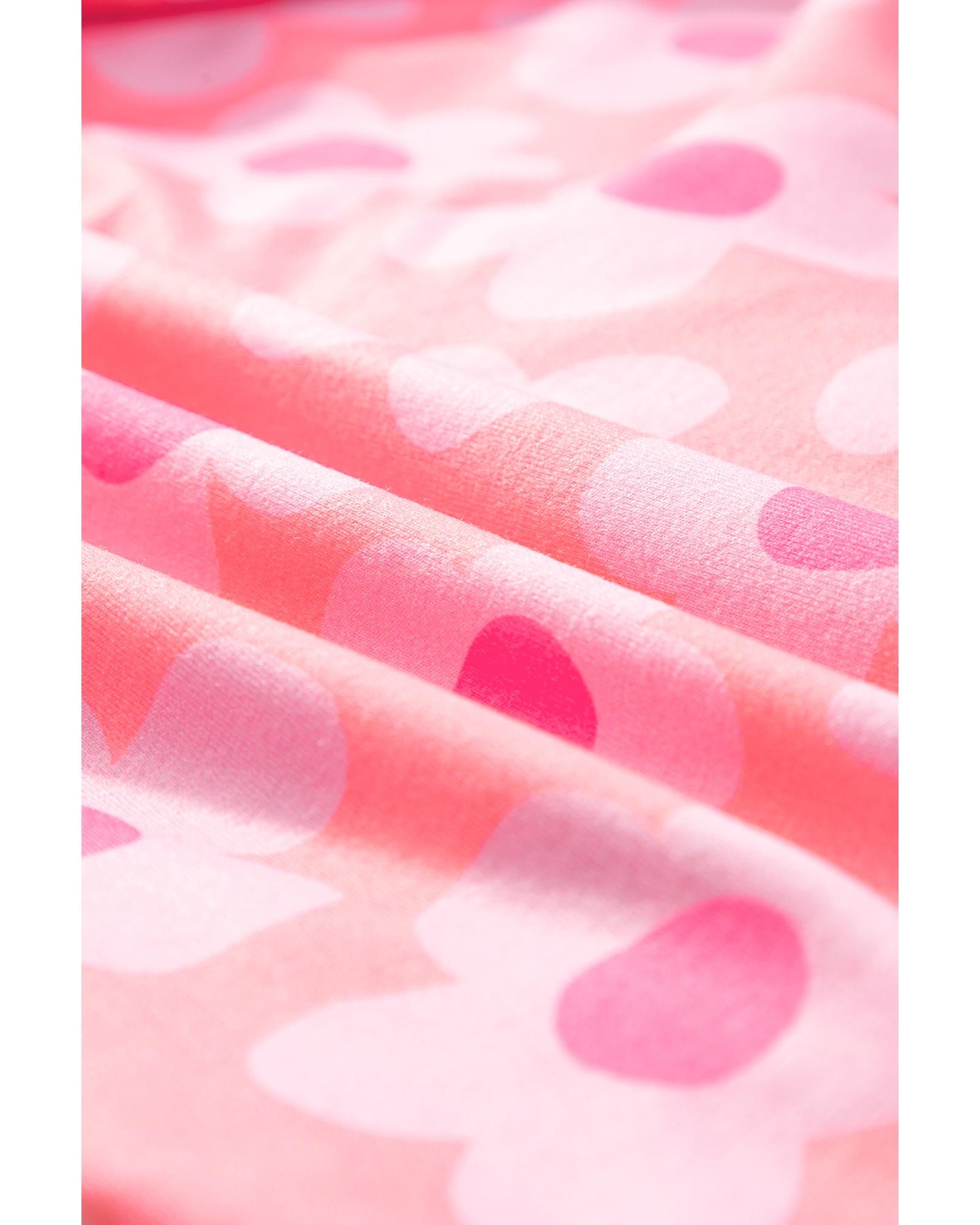 Pink Flower Print Short Sleeve Shirt Pajamas Set - L
