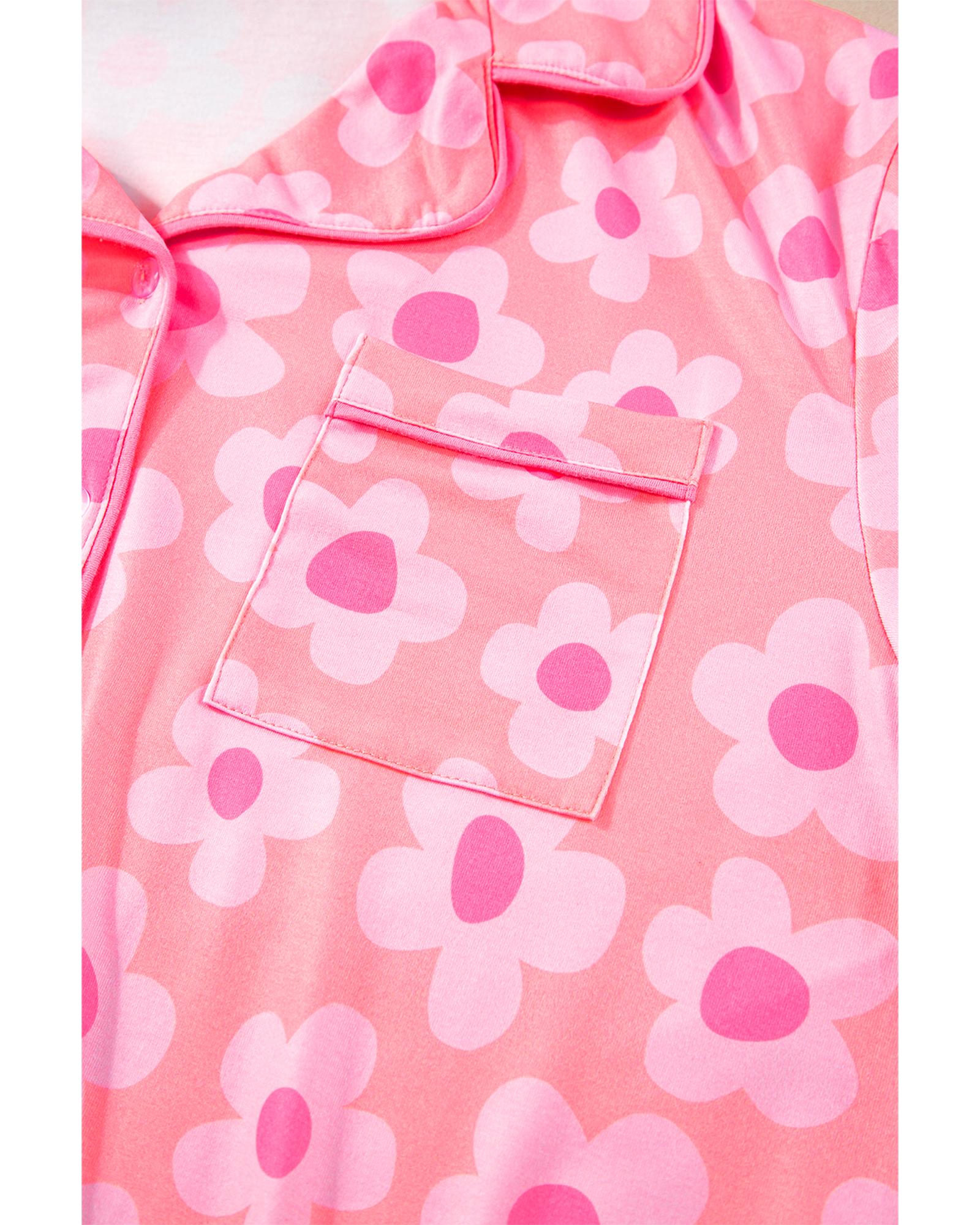 Pink Flower Print Short Sleeve Shirt Pajamas Set - L
