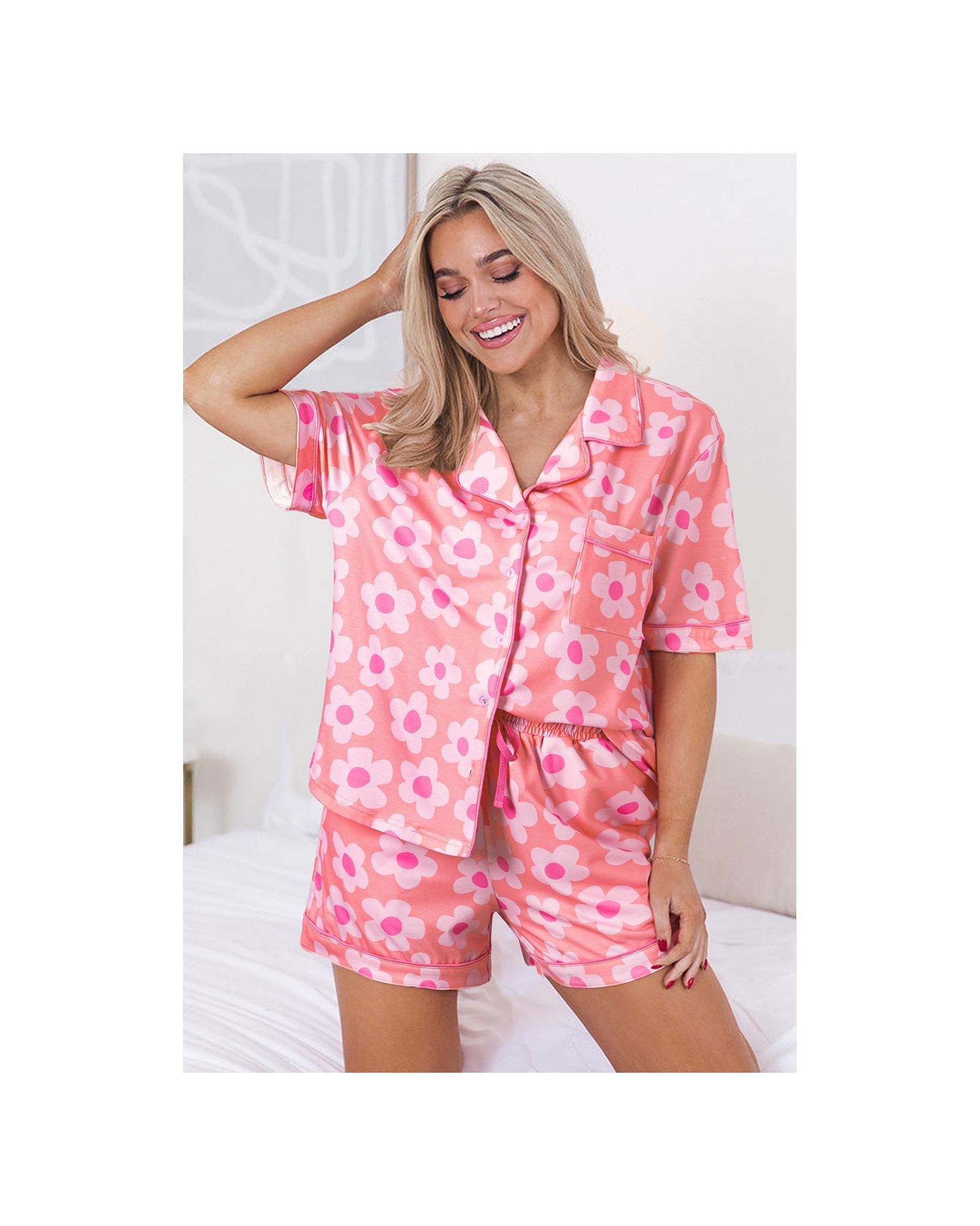 Pink Flower Print Short Sleeve Shirt Pajamas Set - S