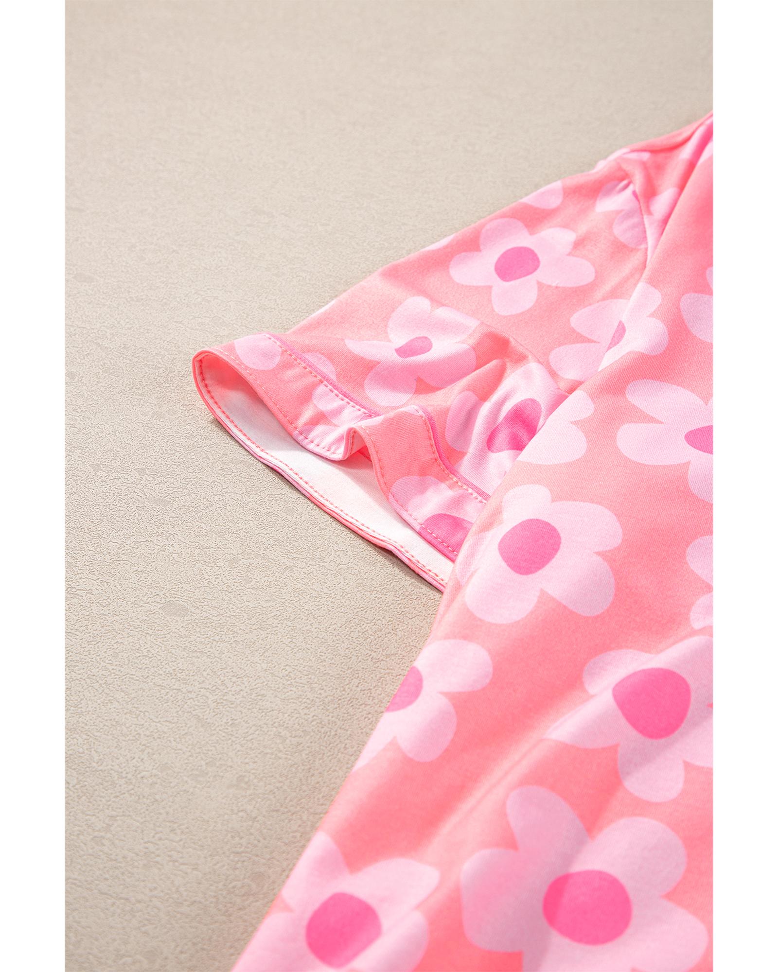 Pink Flower Print Short Sleeve Shirt Pajamas Set - S