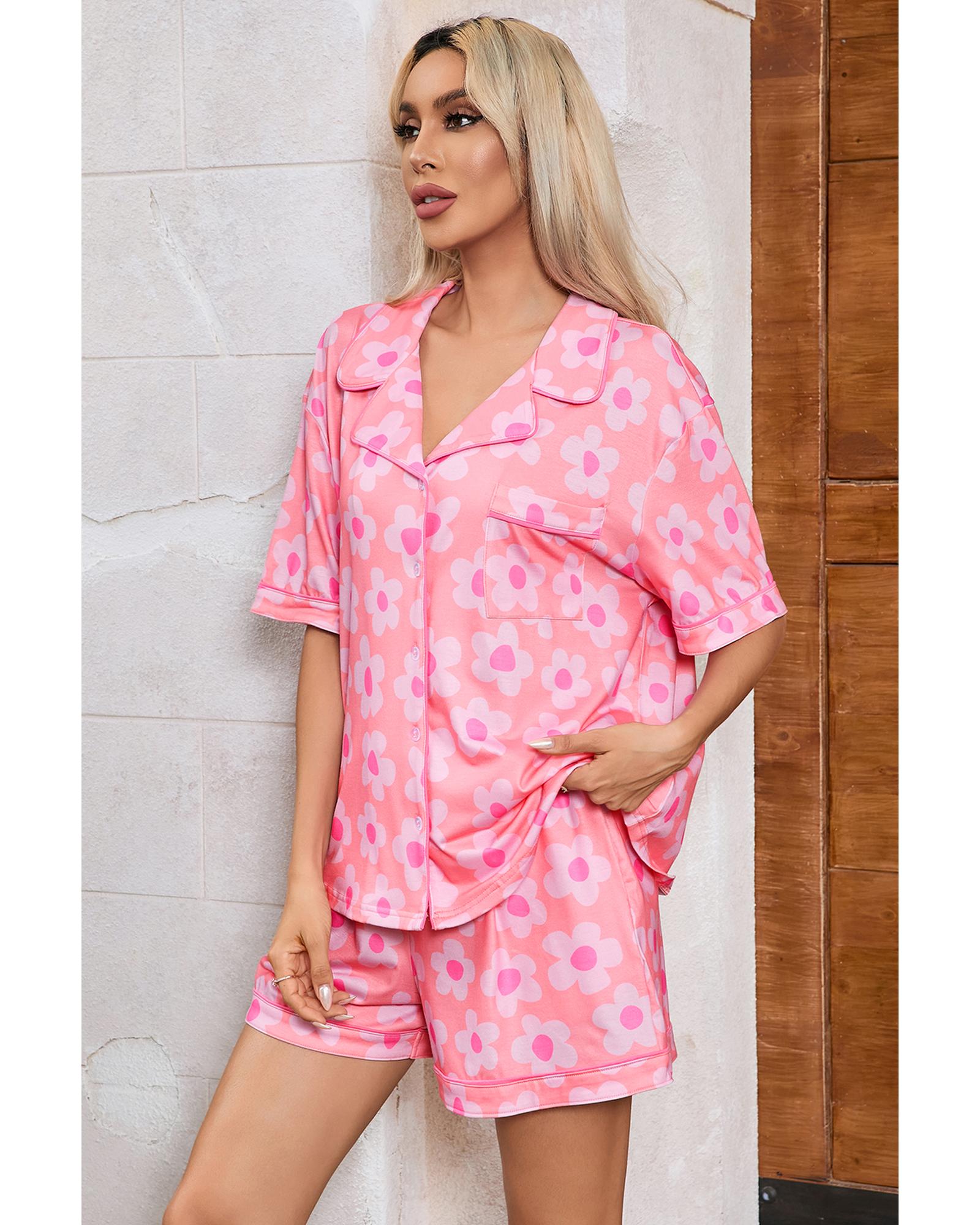 Pink Flower Print Short Sleeve Shirt Pajamas Set - M