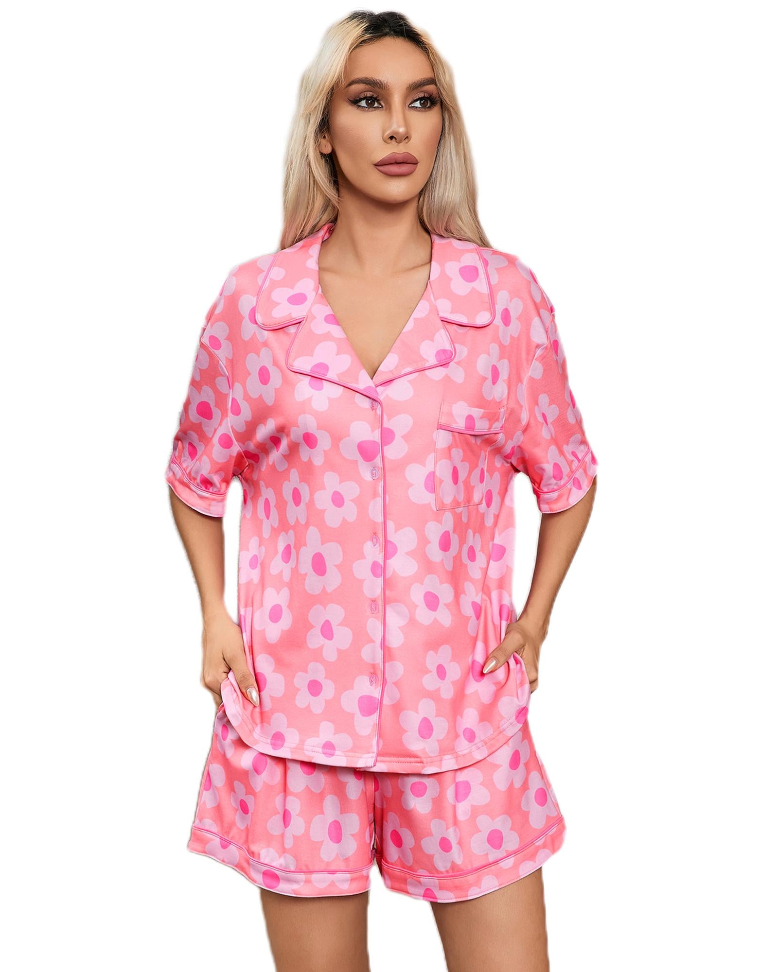 Pink Flower Print Short Sleeve Shirt Pajamas Set - M