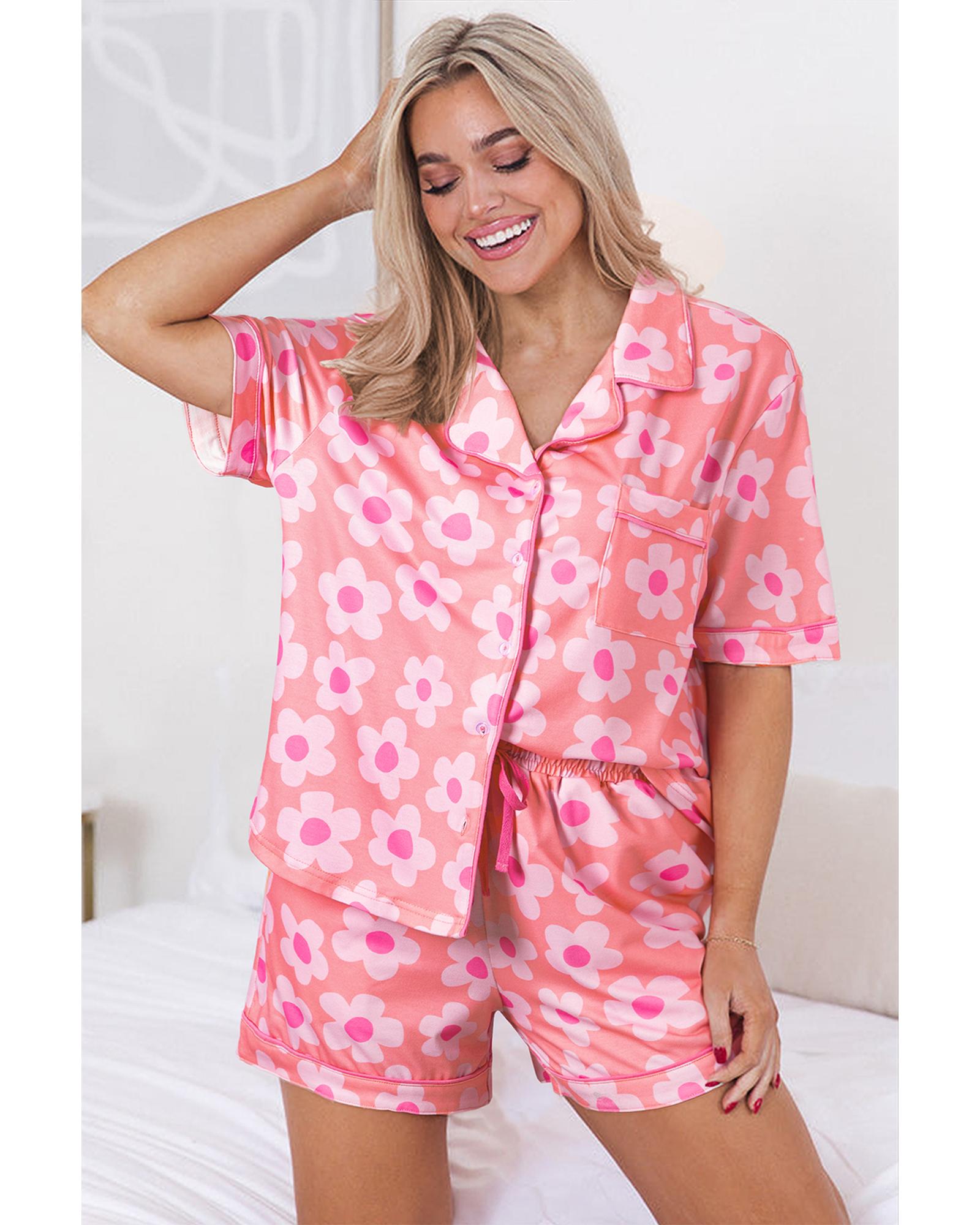 Pink Flower Print Short Sleeve Shirt Pajamas Set - XL