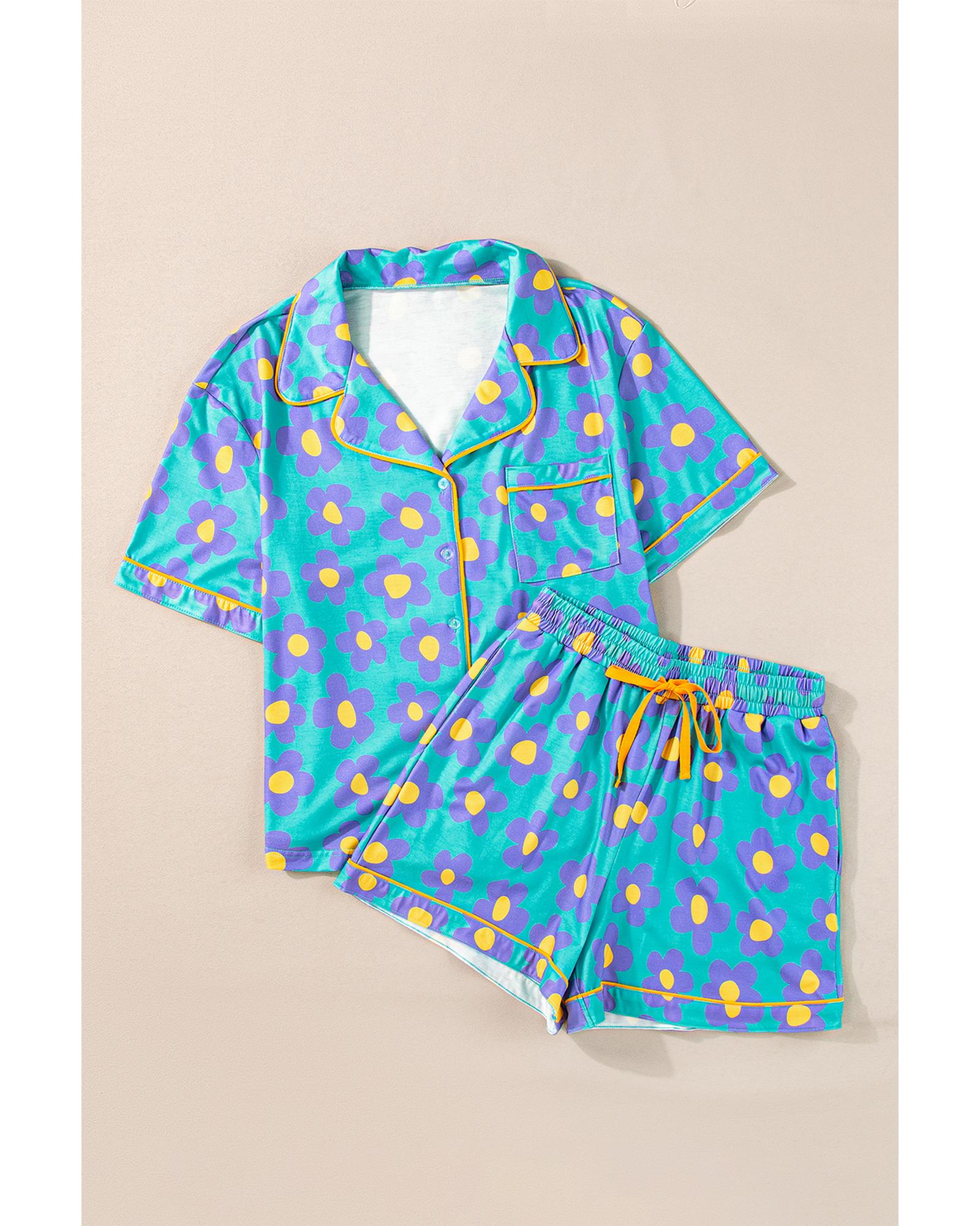 Green Flower Print Short Sleeve Shirt Pajamas Set - M