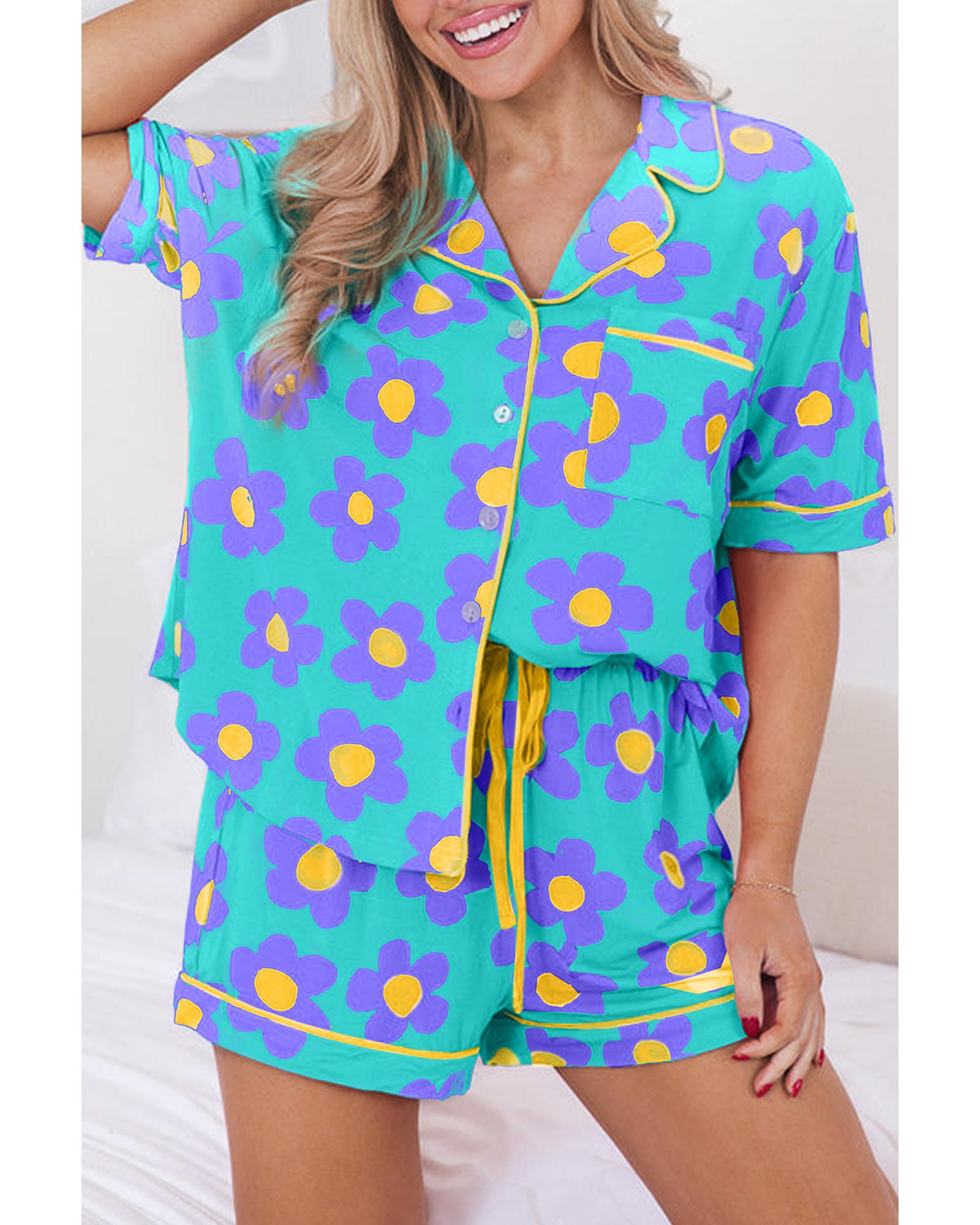 Green Flower Print Short Sleeve Shirt Pajamas Set - M