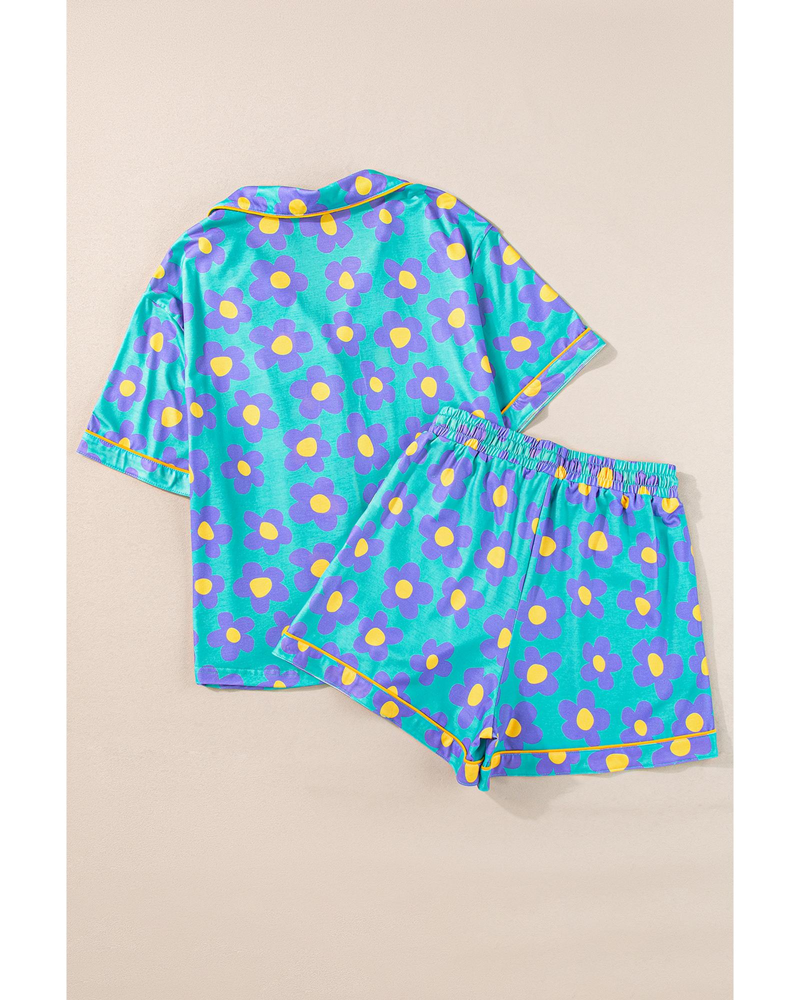 Green Flower Print Short Sleeve Shirt Pajamas Set - M