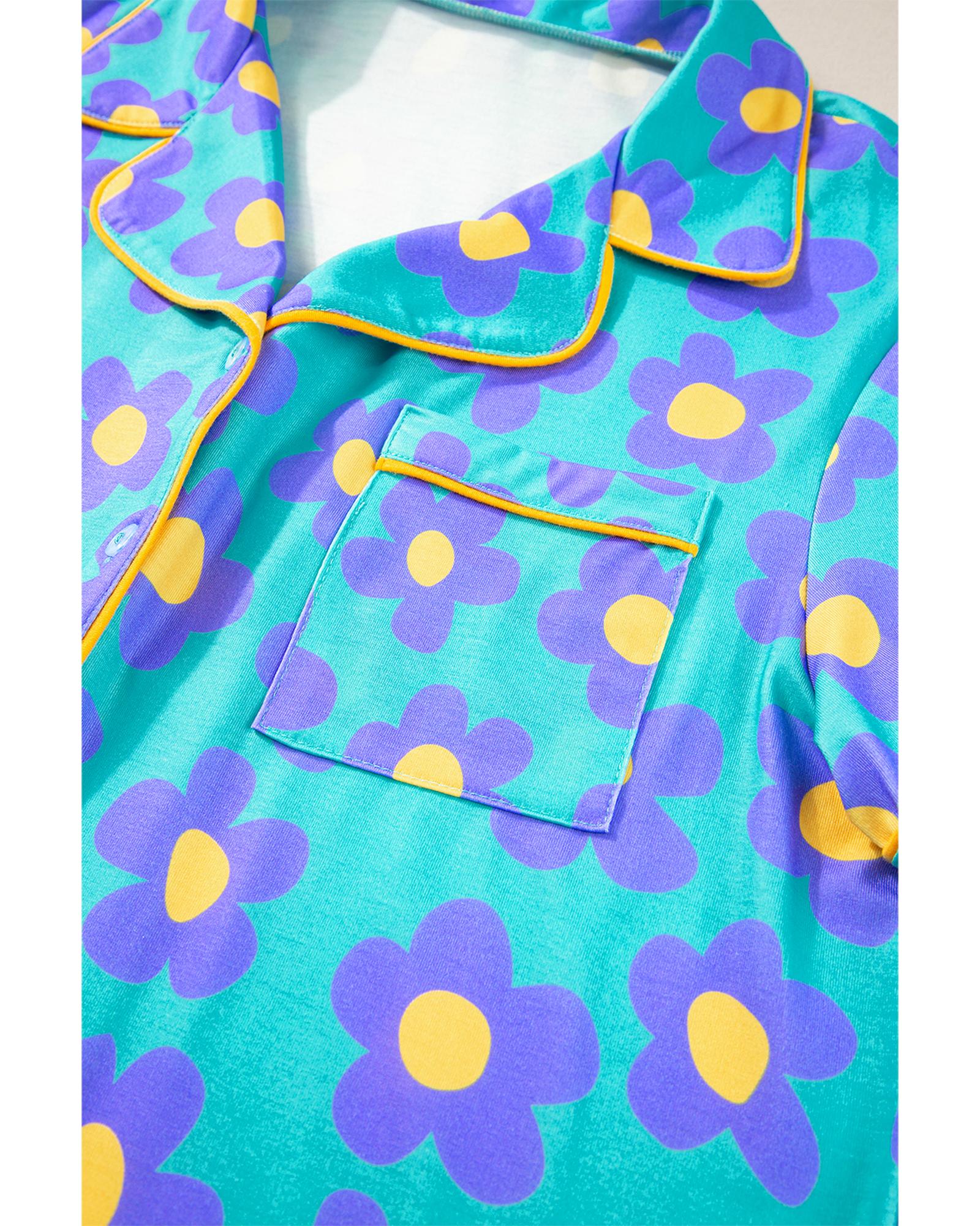Green Flower Print Short Sleeve Shirt Pajamas Set - M