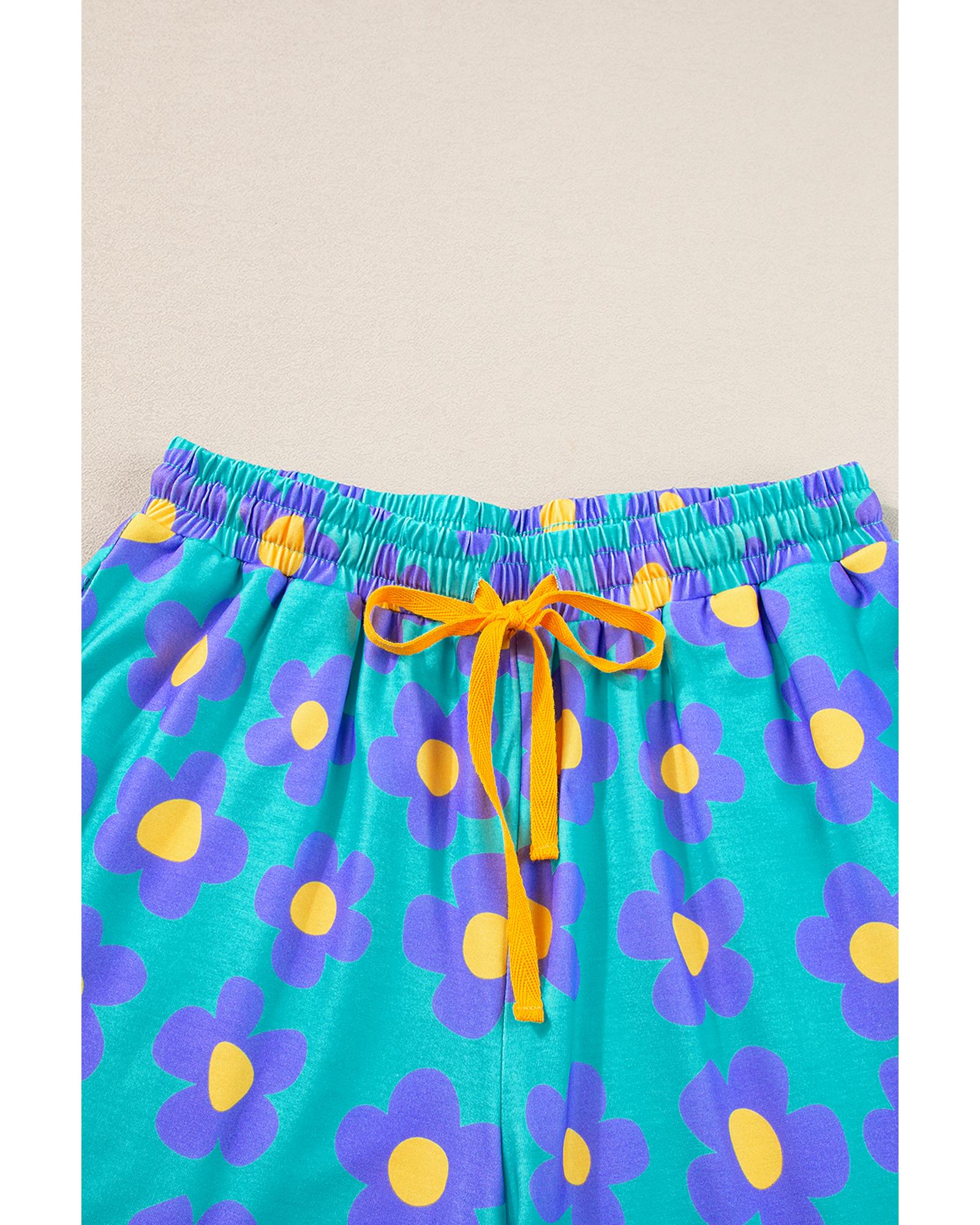 Green Flower Print Short Sleeve Shirt Pajamas Set - M