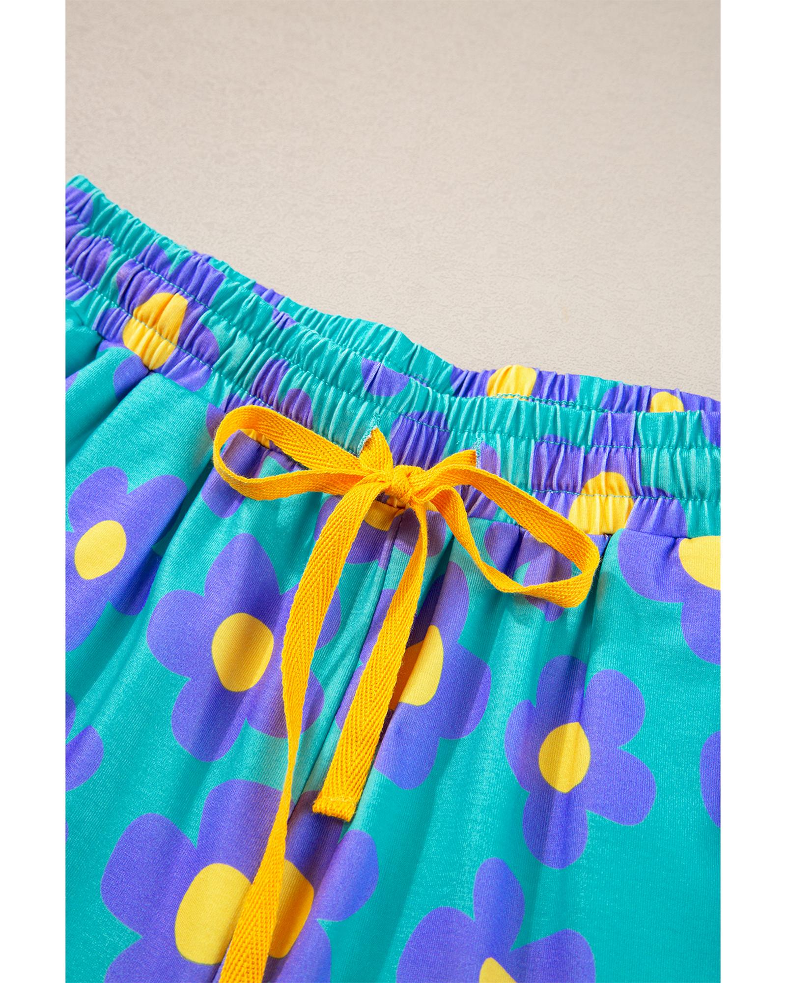 Green Flower Print Short Sleeve Shirt Pajamas Set - M
