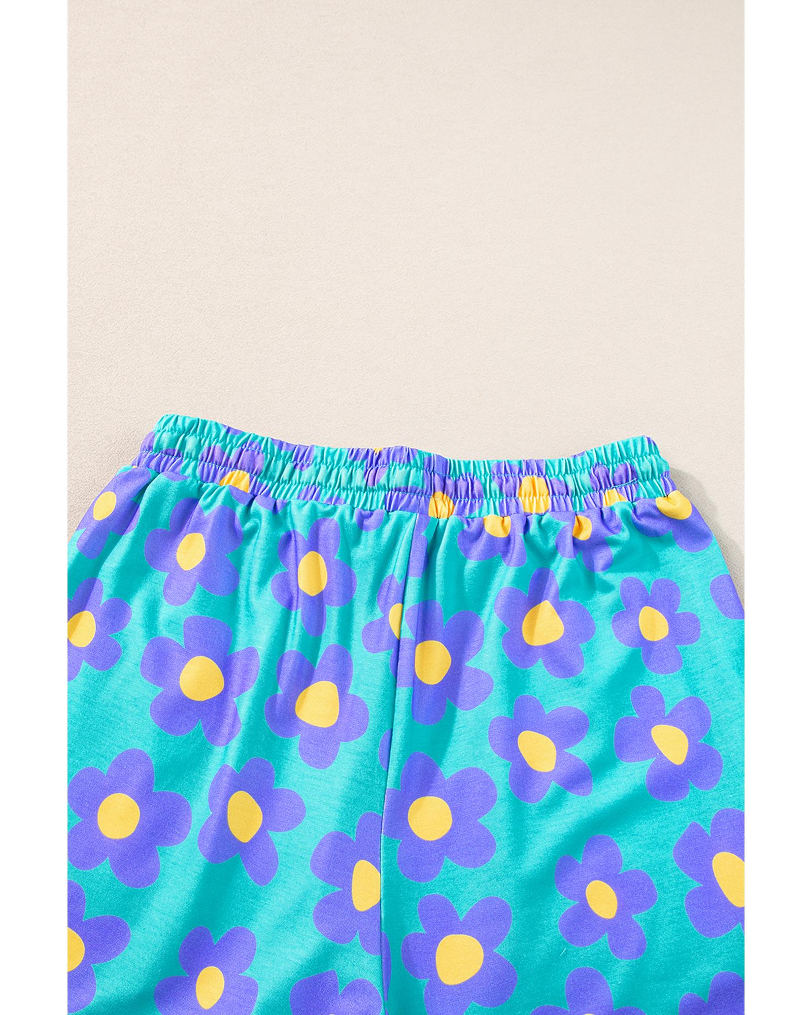 Green Flower Print Short Sleeve Shirt Pajamas Set - M