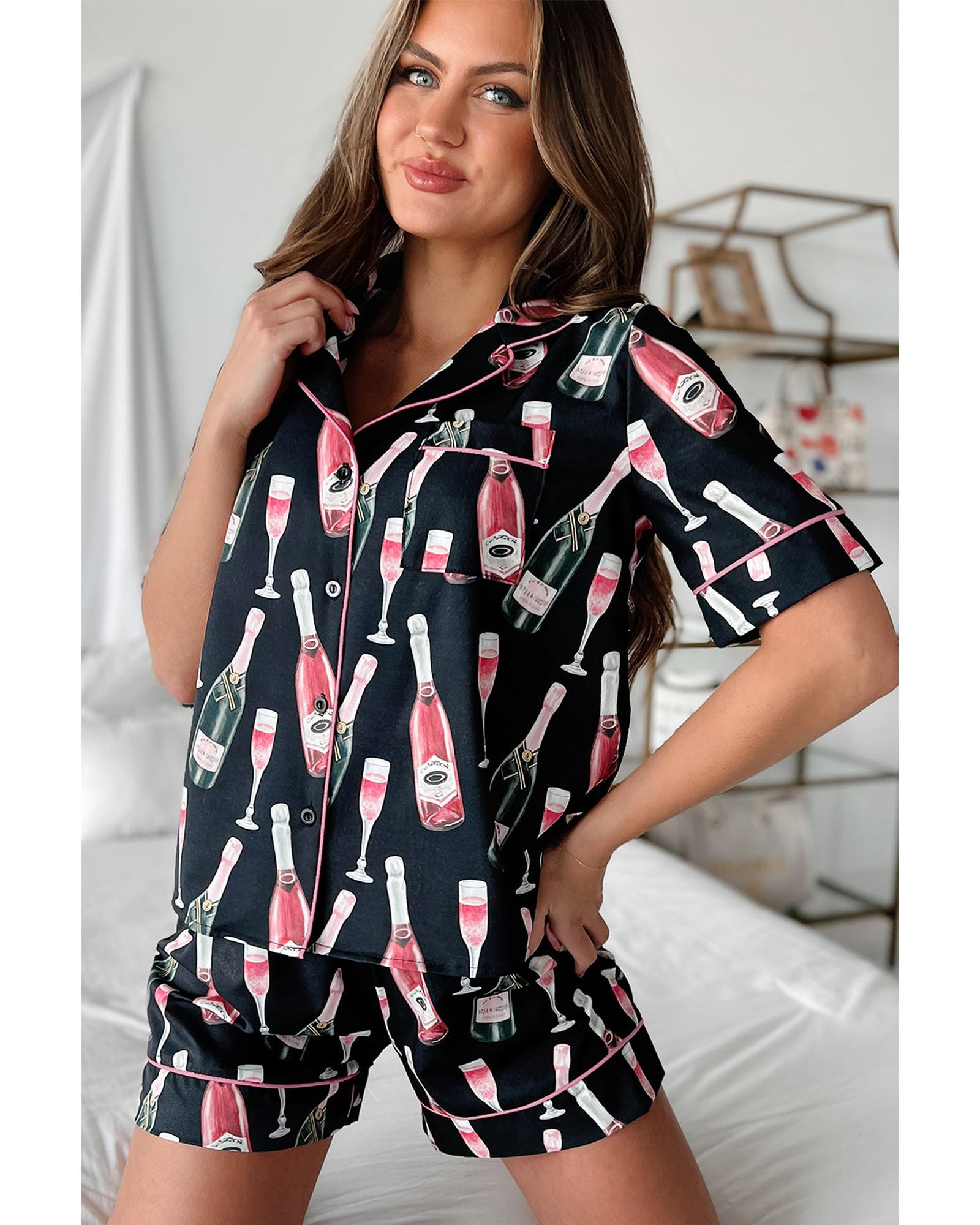 Black Champagne Print Silky Short Sleeve Pajamas Set - L