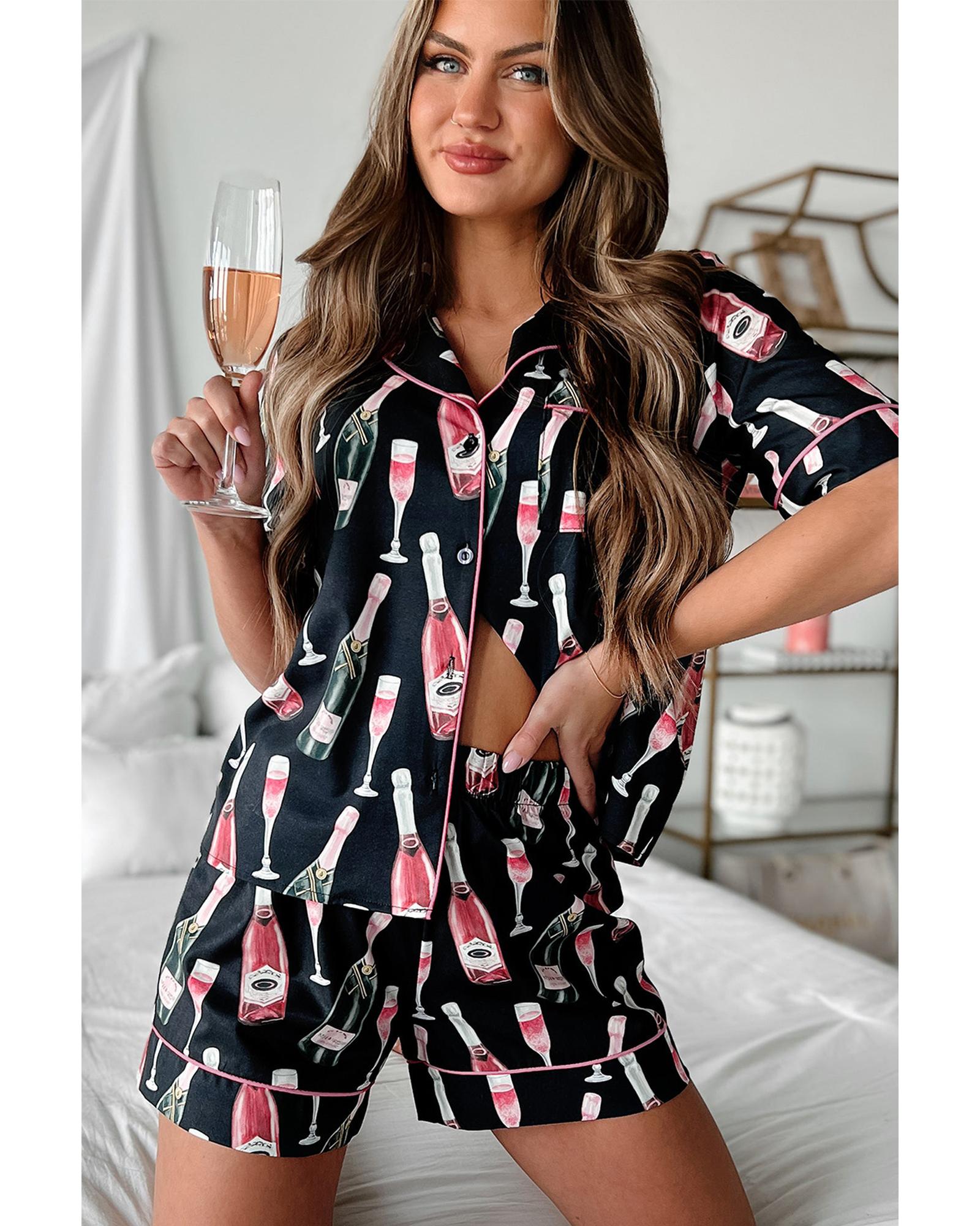 Black Champagne Print Silky Short Sleeve Pajamas Set - L