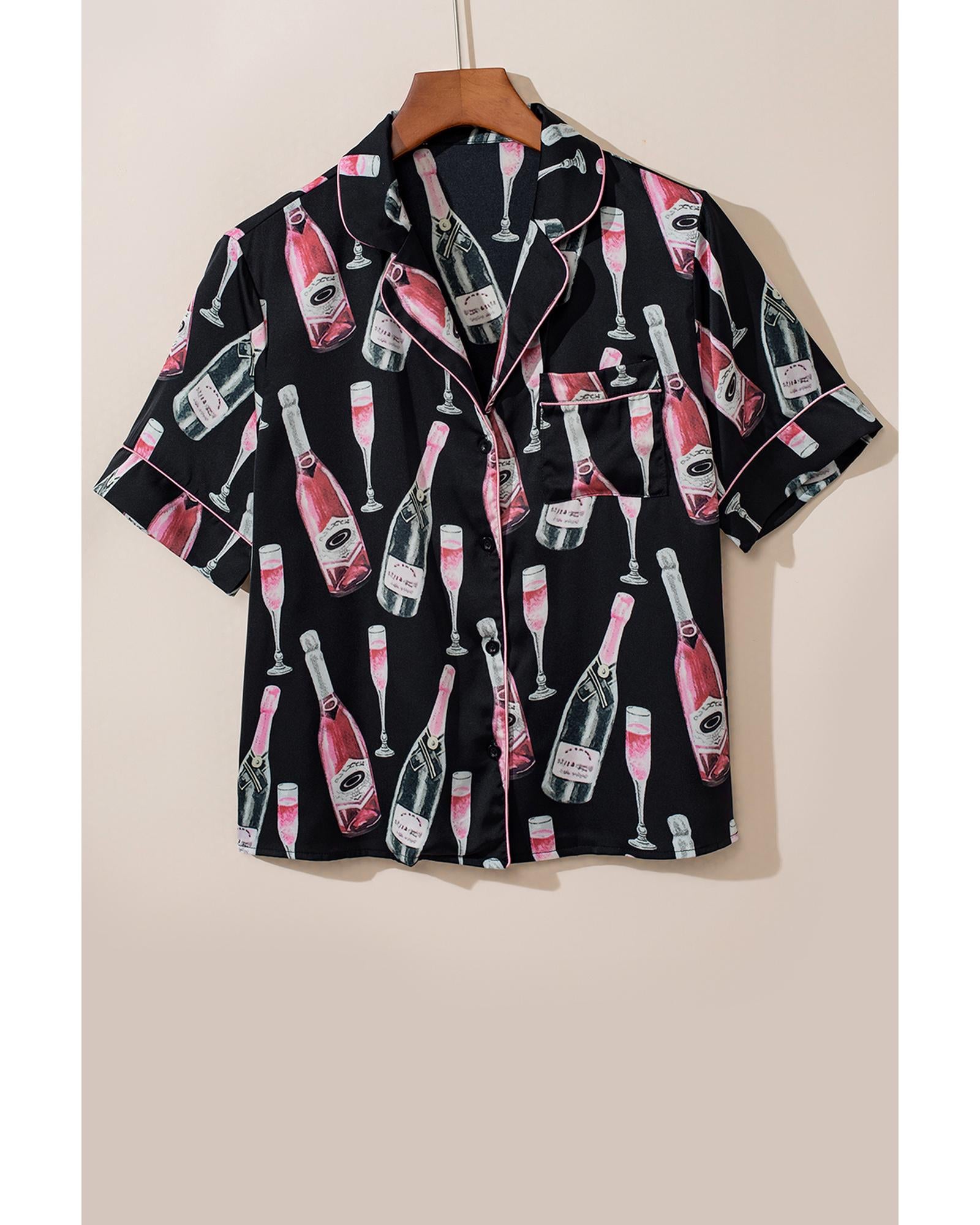 Black Champagne Print Silky Short Sleeve Pajamas Set - L