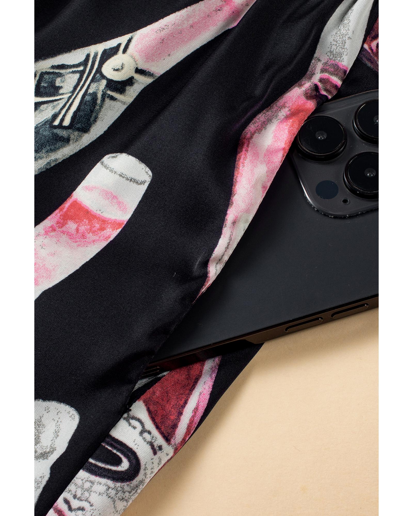 Black Champagne Print Silky Short Sleeve Pajamas Set - L