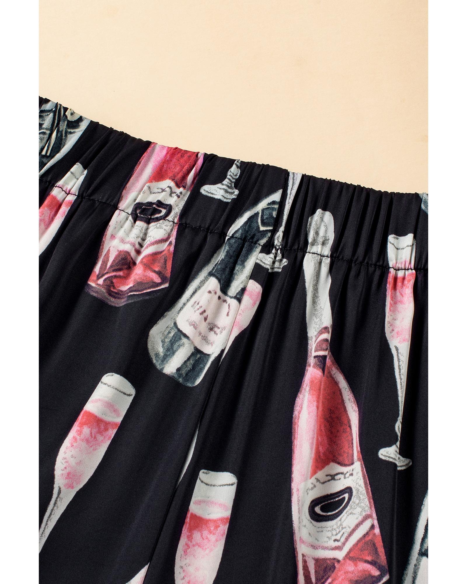 Black Champagne Print Silky Short Sleeve Pajamas Set - L