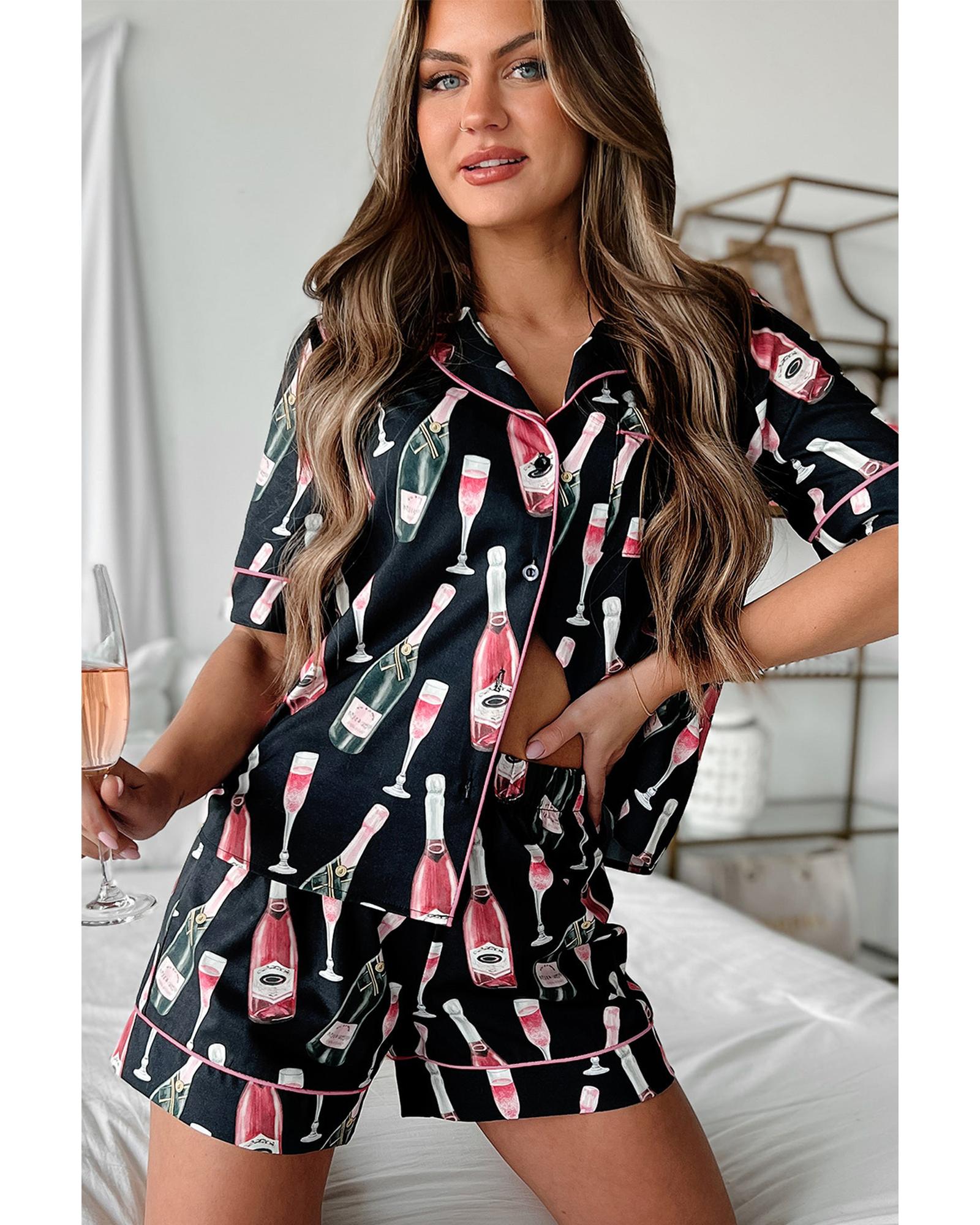 Black Champagne Print Silky Short Sleeve Pajamas Set - L