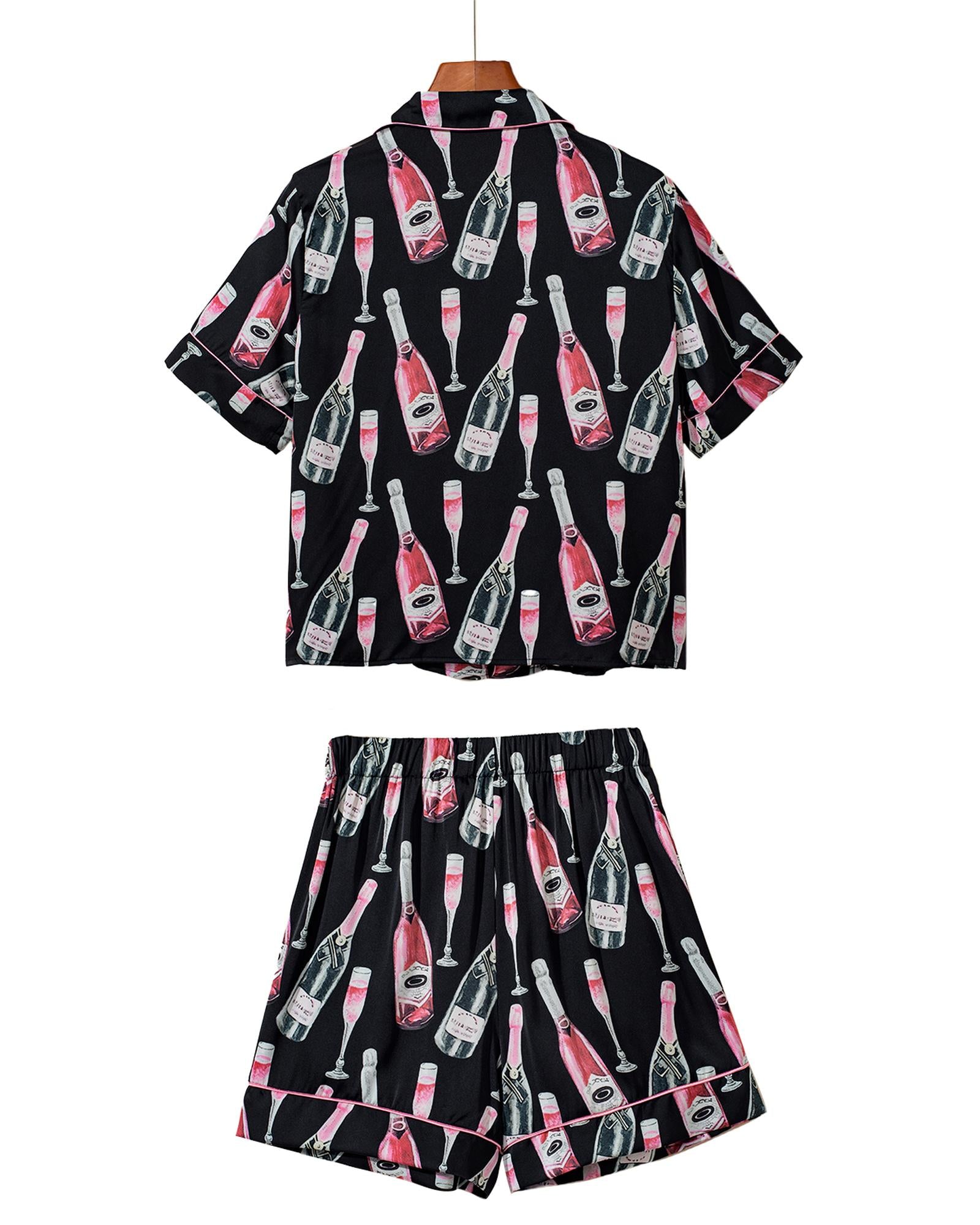 Black Champagne Print Silky Short Sleeve Pajamas Set - L