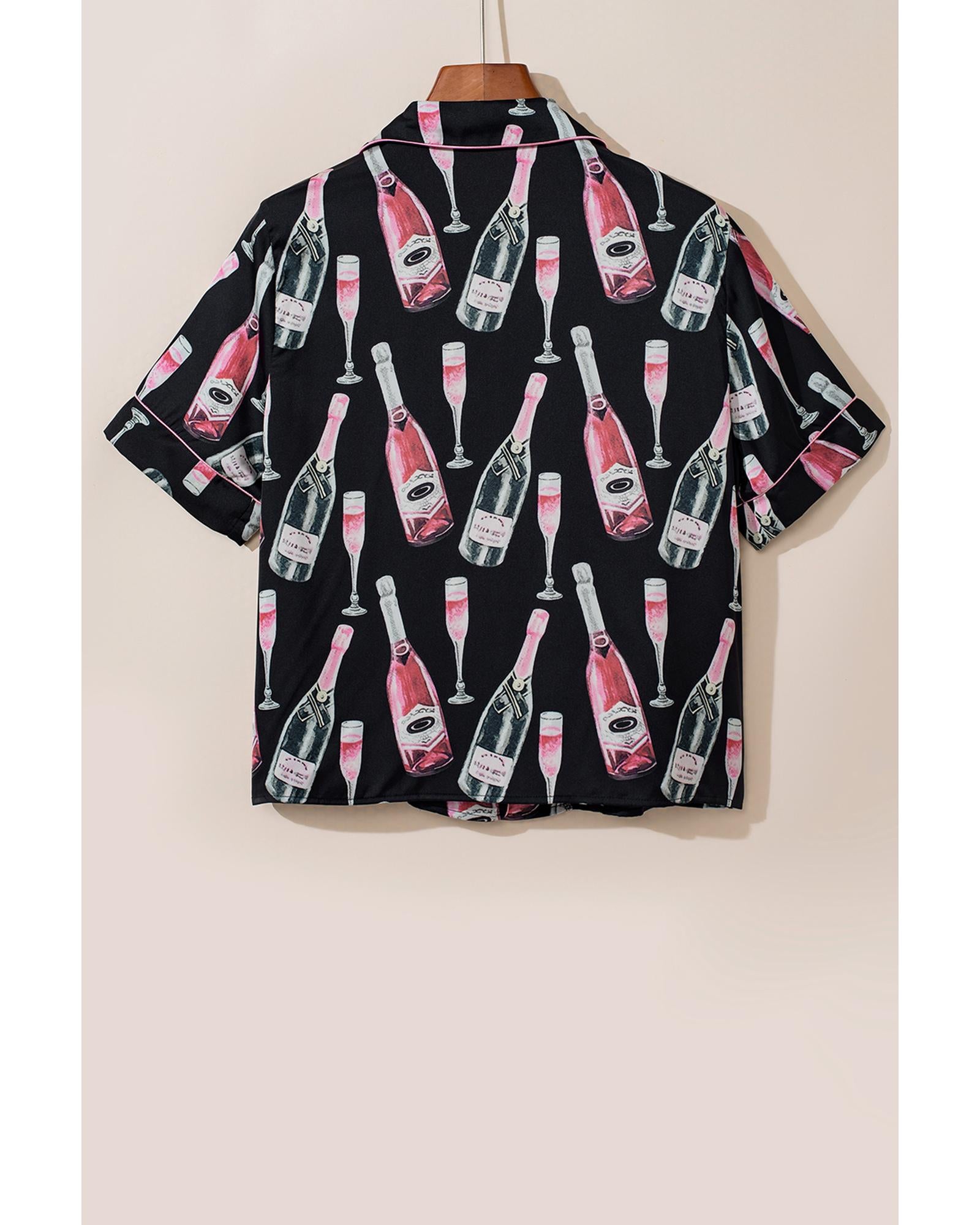 Black Champagne Print Silky Short Sleeve Pajamas Set - L