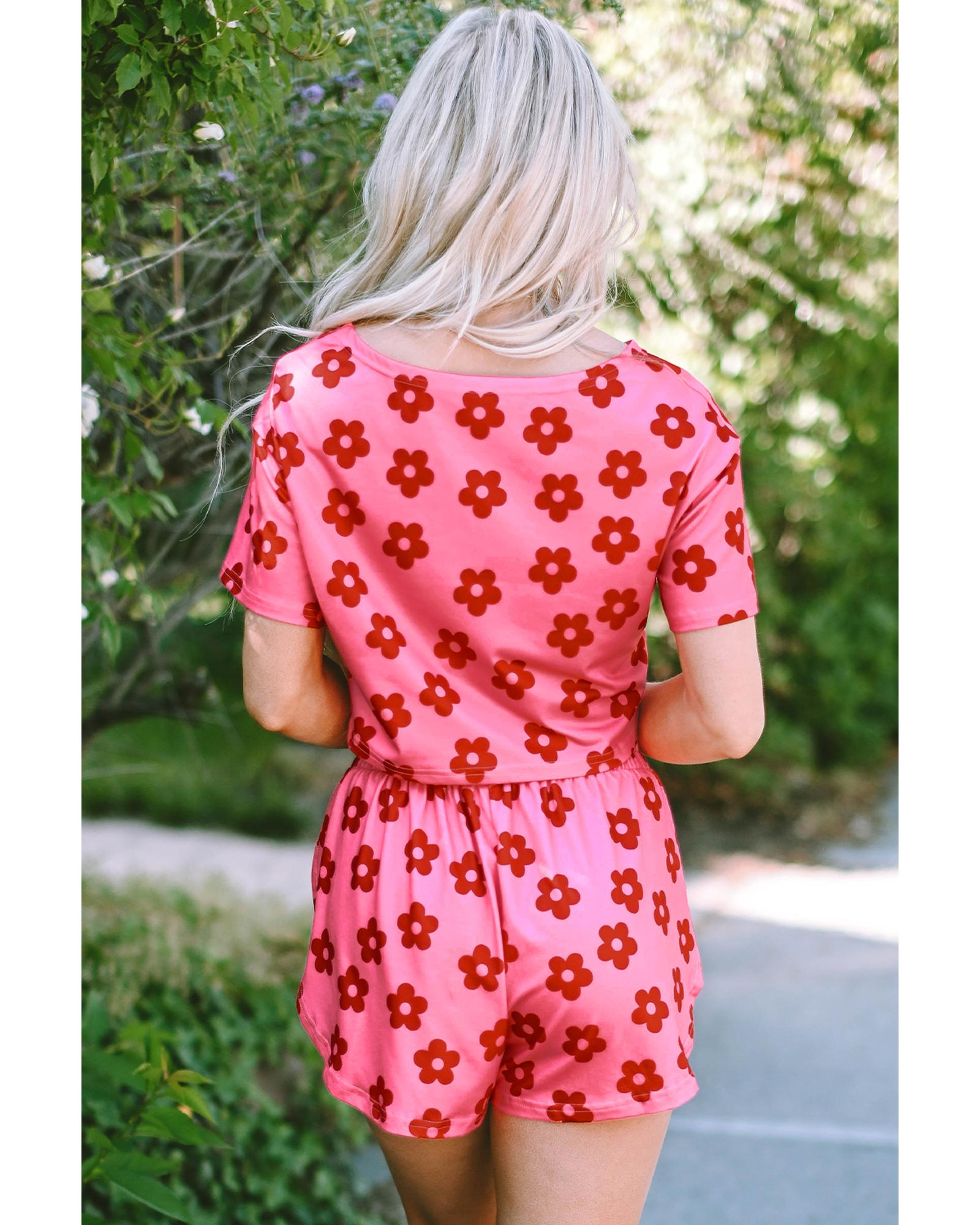 Rose Floral Print Crop Tee and Shorts Lounge Set - M