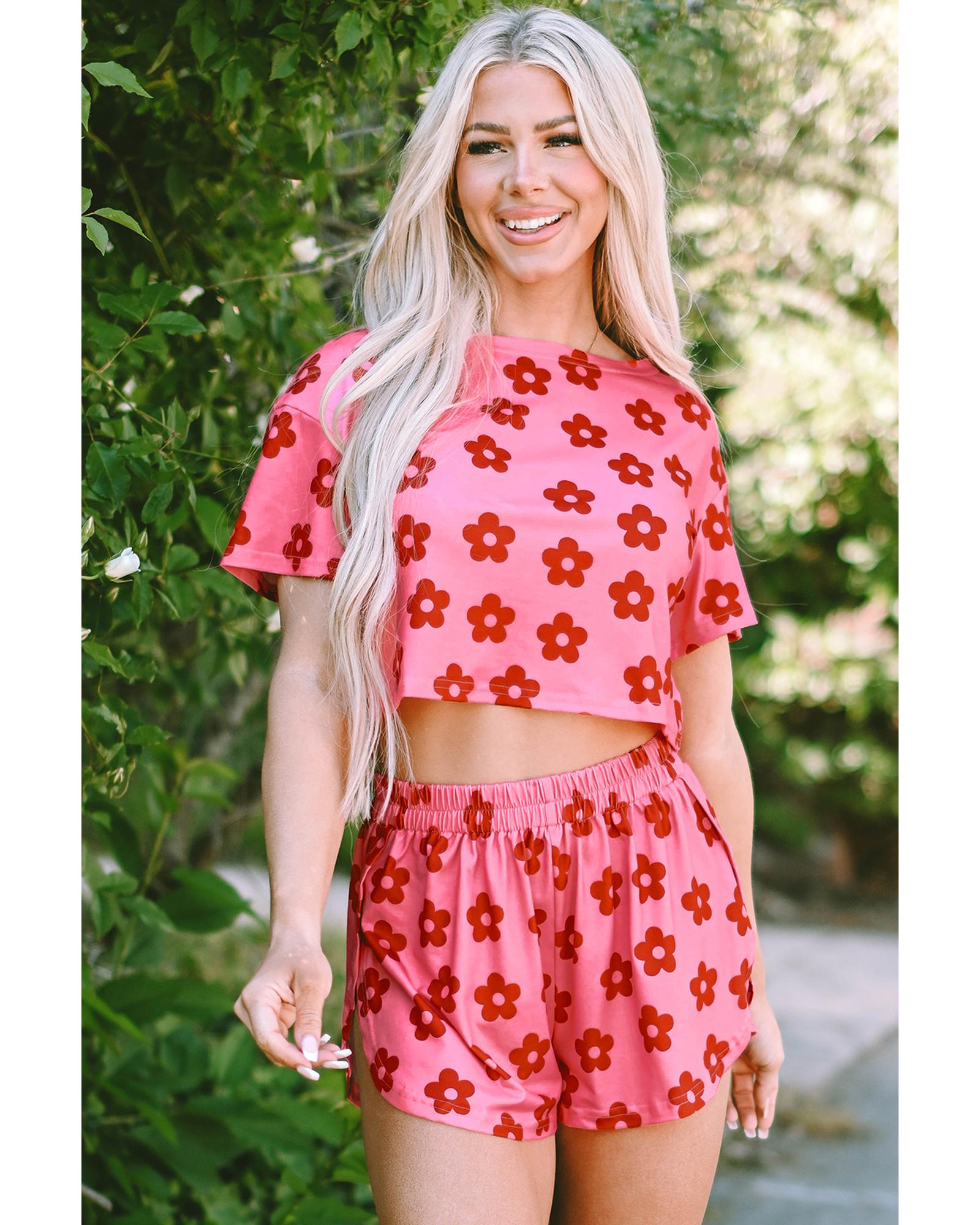 Rose Floral Print Crop Tee and Shorts Lounge Set - S