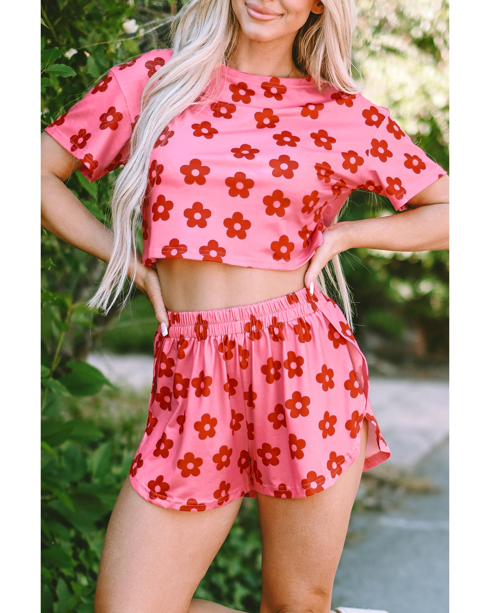 Rose Floral Print Crop Tee and Shorts Lounge Set - XL