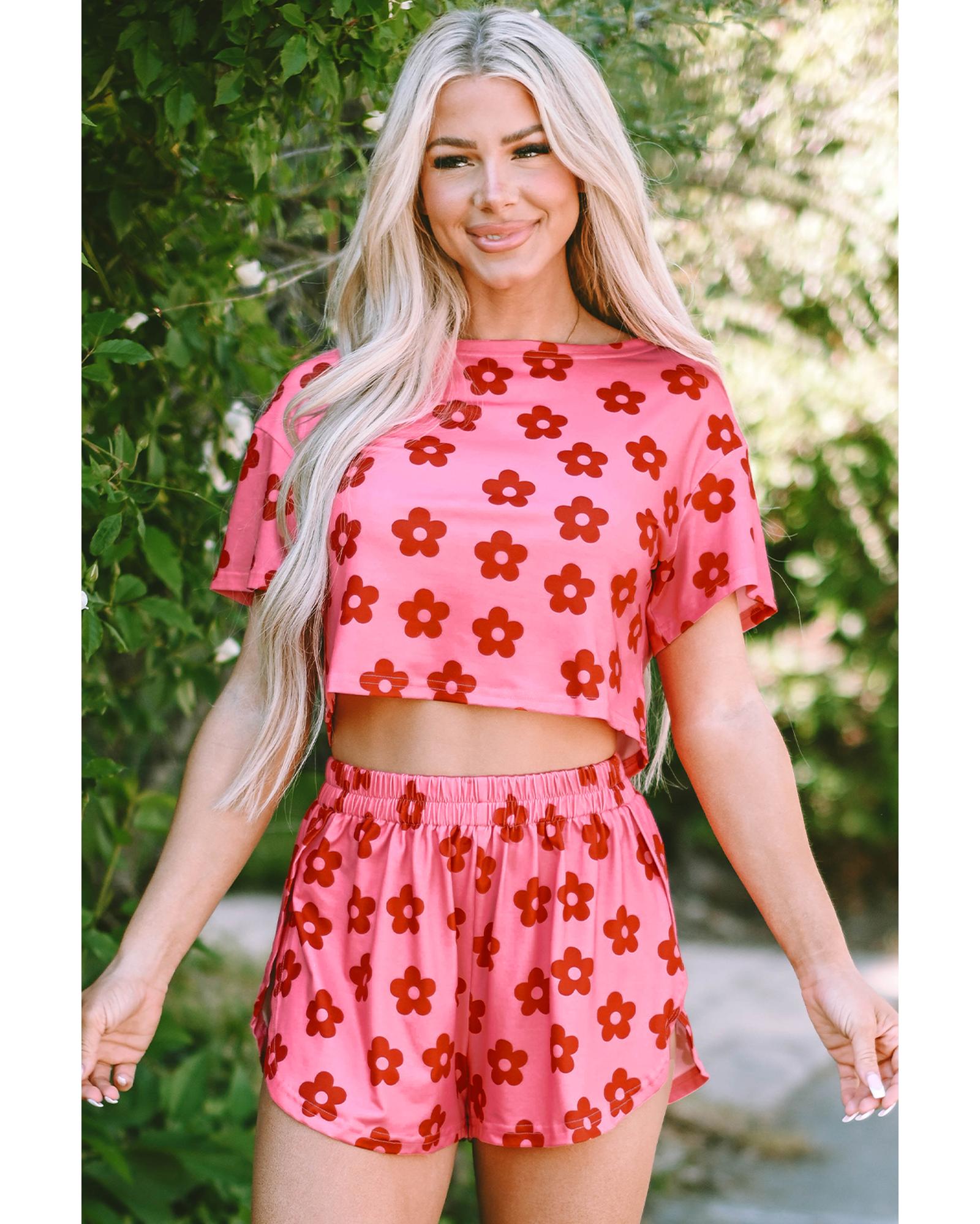 Rose Floral Print Crop Tee and Shorts Lounge Set - XL