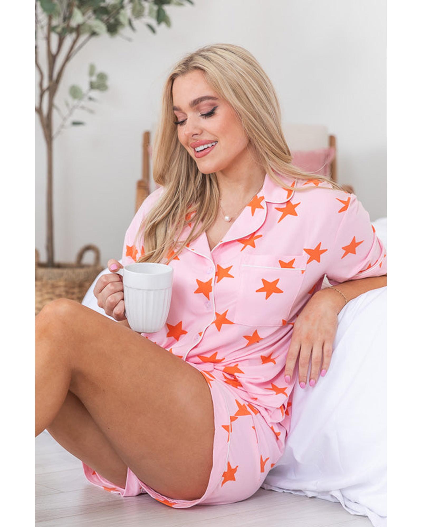 Pink Stars Short Sleeve Shirt and Shorts Bamboo Pajama Set - M