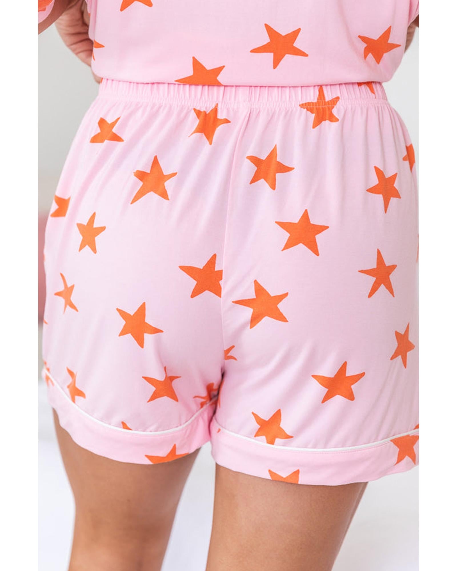Pink Stars Short Sleeve Shirt and Shorts Bamboo Pajama Set - M